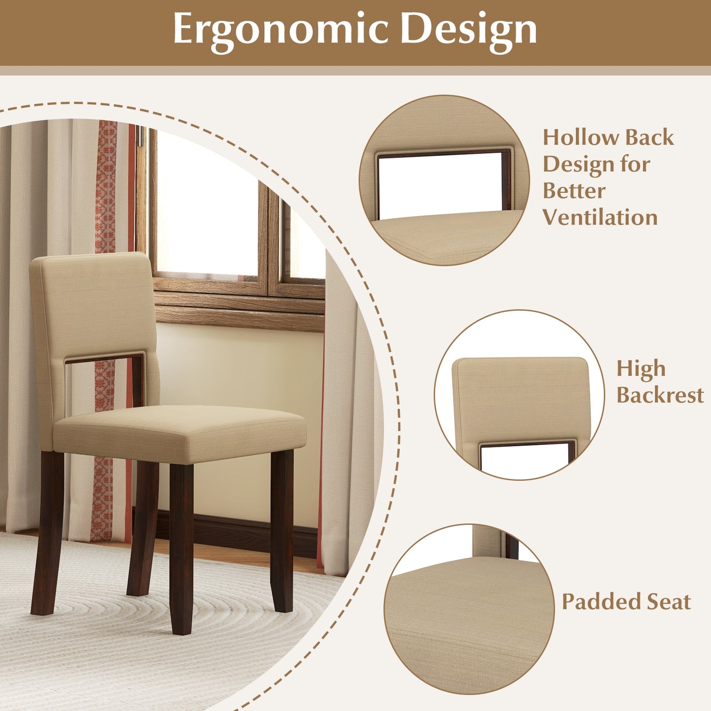 Modern Wooden Dining Chairs with Acacia Wood Frame and Padded Linen Seat and Back - Beige, Set of 2