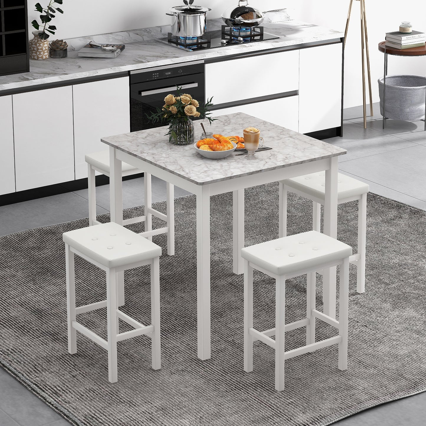5-Piece Counter Height Bar Dining Set with 4 Upholstered Stools in White