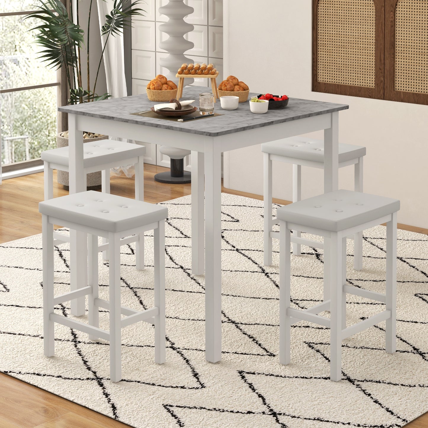 5-Piece Counter Height Bar Dining Set with 4 Upholstered Stools in White