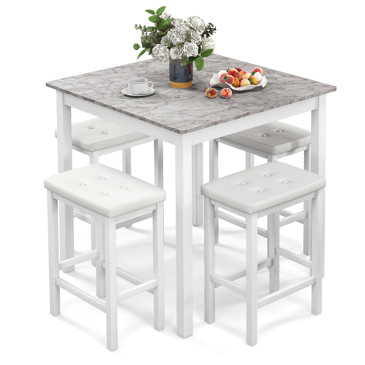 5-Piece Counter Height Bar Dining Set with 4 Upholstered Stools in White