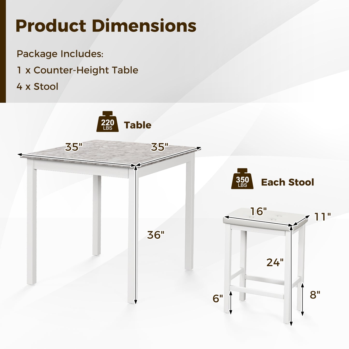 5-Piece Counter Height Bar Dining Set with 4 Upholstered Stools in White