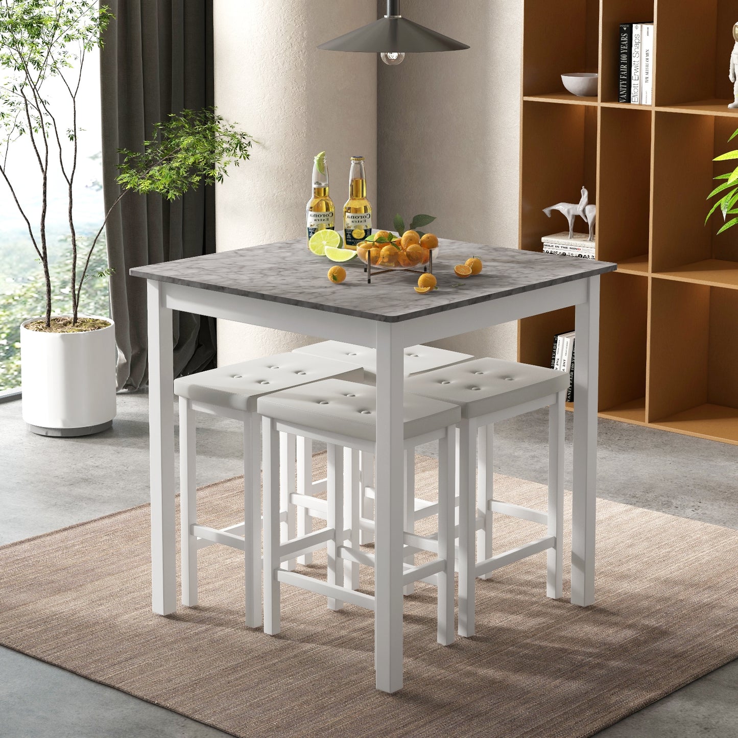 5-Piece Counter Height Bar Dining Set with 4 Upholstered Stools in White