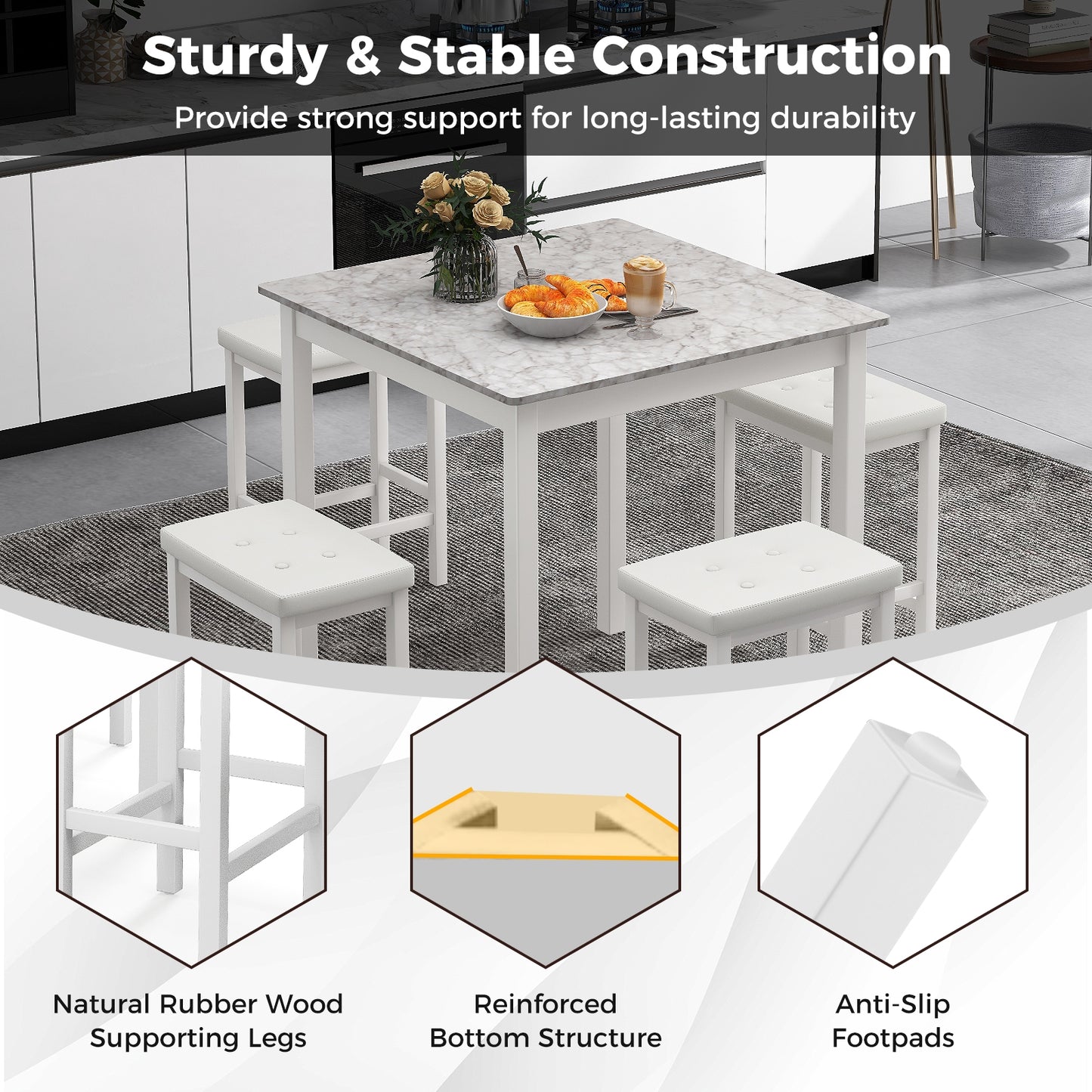 5-Piece Counter Height Bar Dining Set with 4 Upholstered Stools in White
