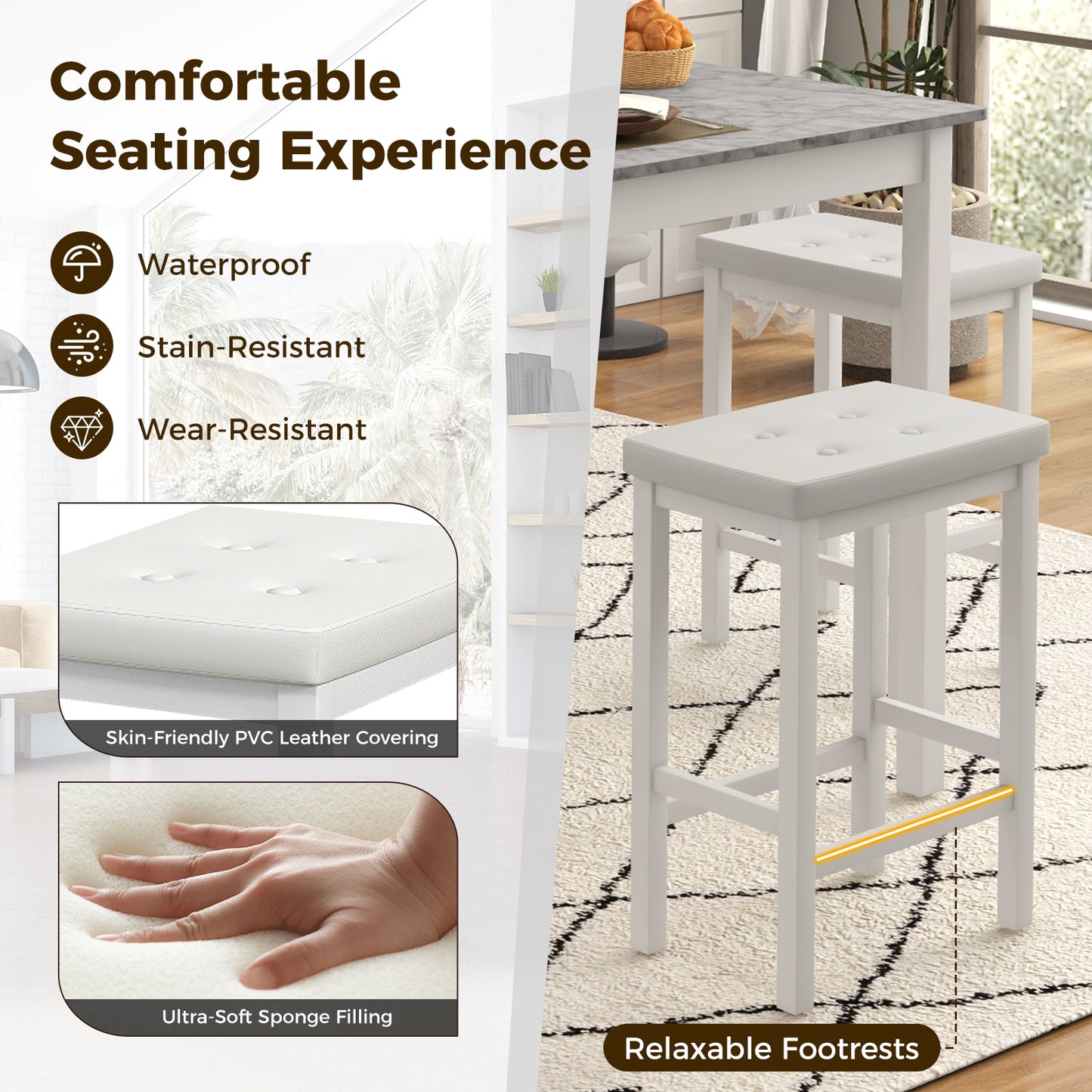 5-Piece Counter Height Bar Dining Set with 4 Upholstered Stools in White