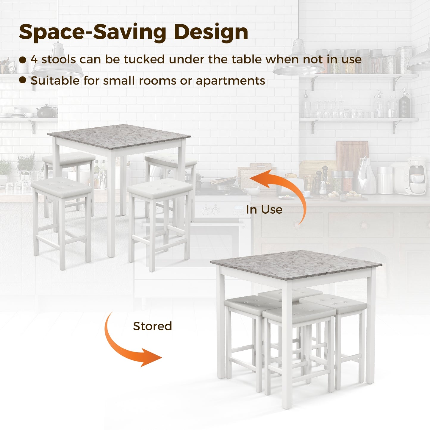 5-Piece Counter Height Bar Dining Set with 4 Upholstered Stools in White