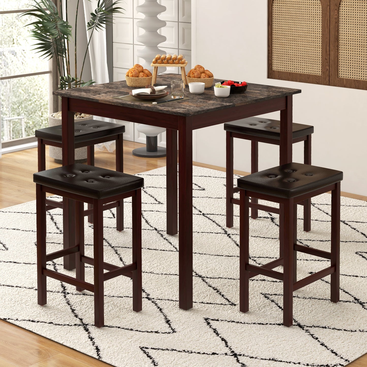5-Piece Counter Height Bar Dining Set with 4 Upholstered Stools in Brown