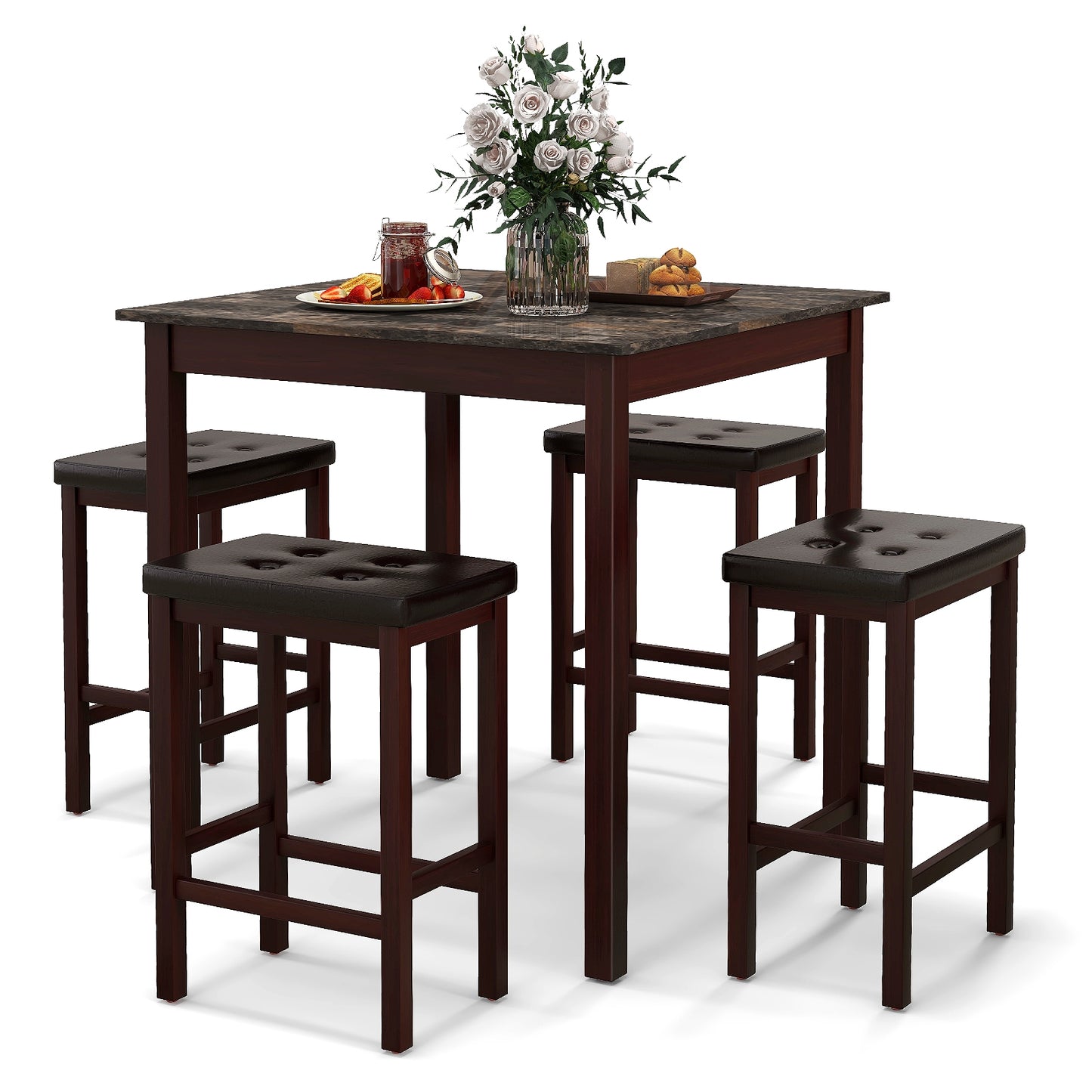 5-Piece Counter Height Bar Dining Set with 4 Upholstered Stools in Brown