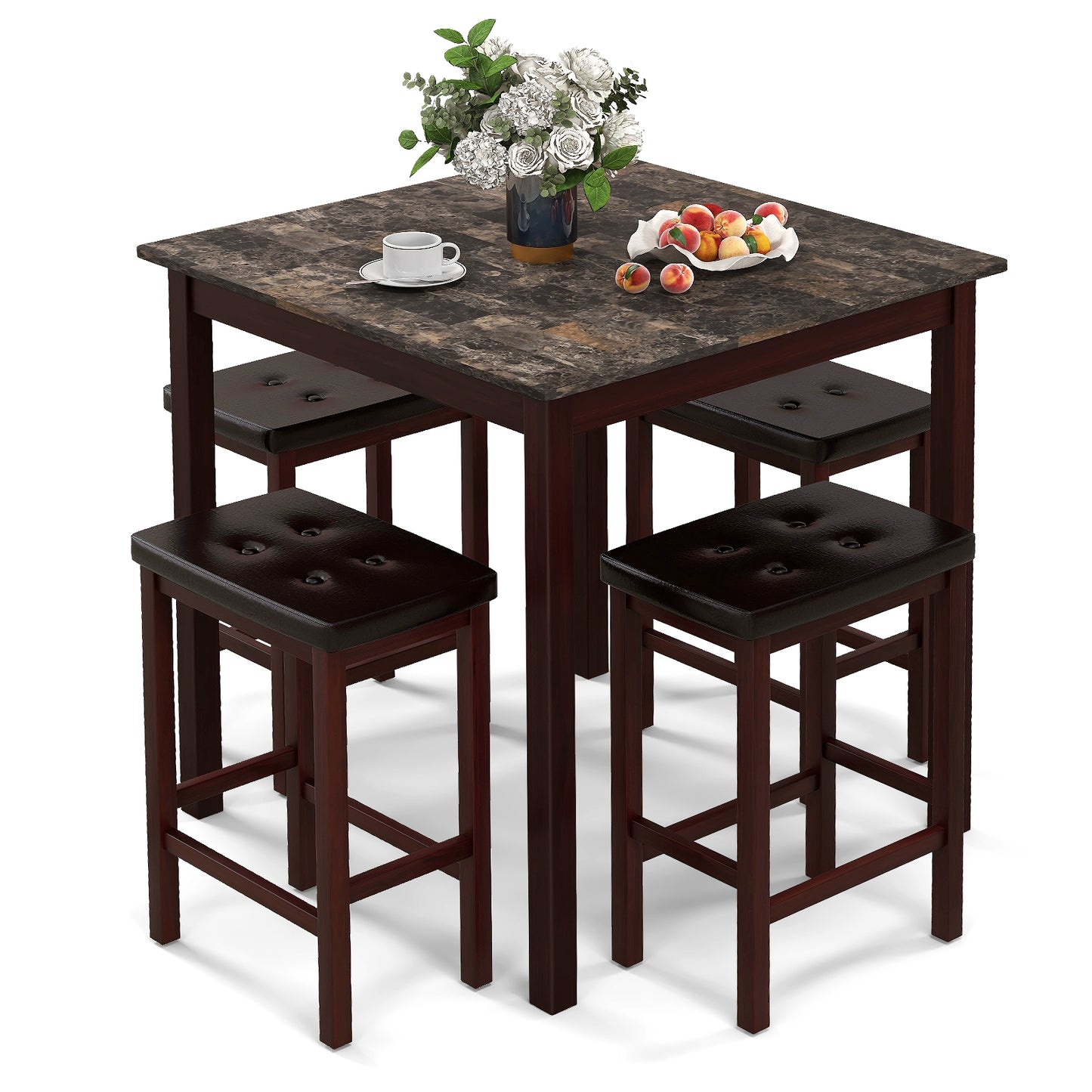 5-Piece Counter Height Bar Dining Set with 4 Upholstered Stools in Brown