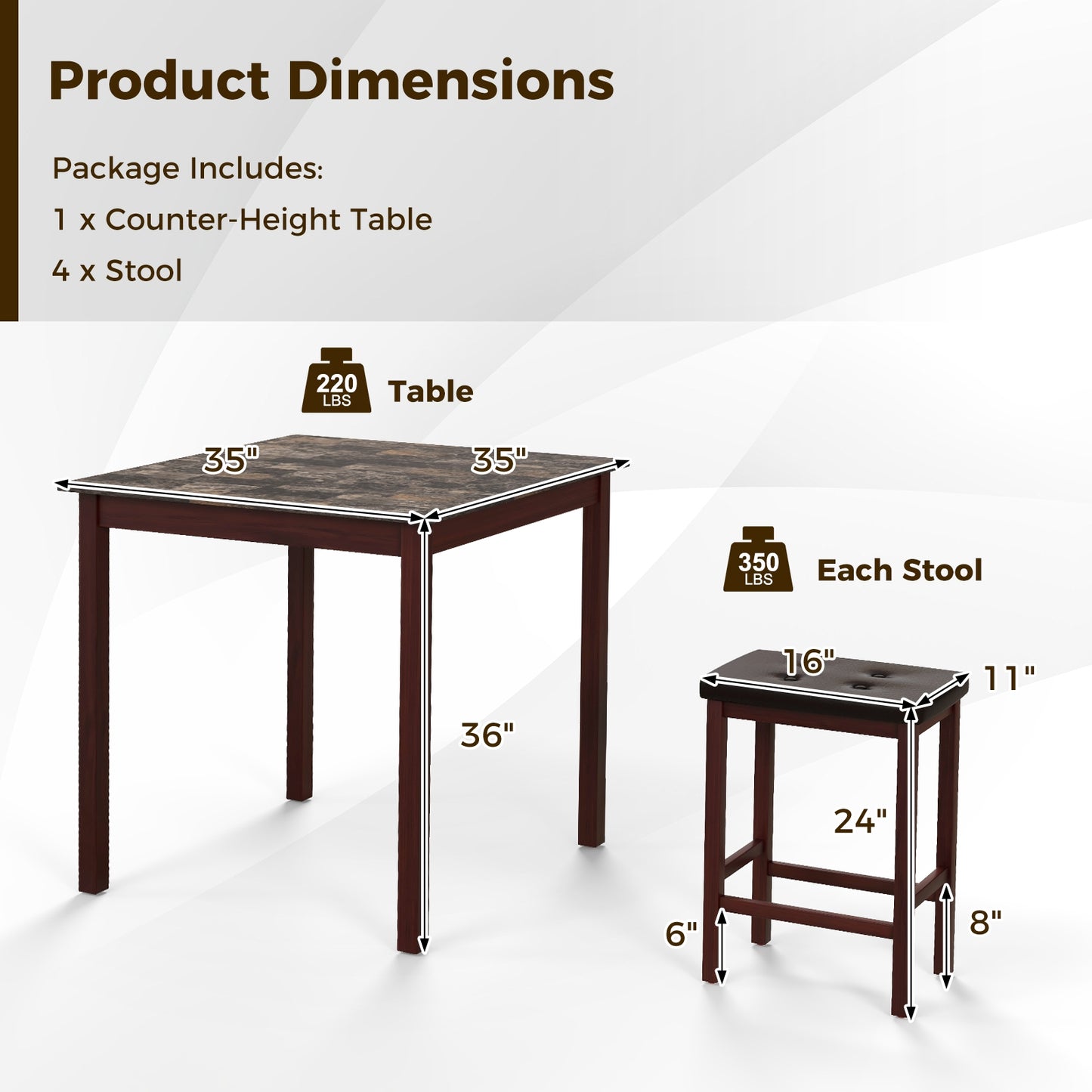 5-Piece Counter Height Bar Dining Set with 4 Upholstered Stools in Brown
