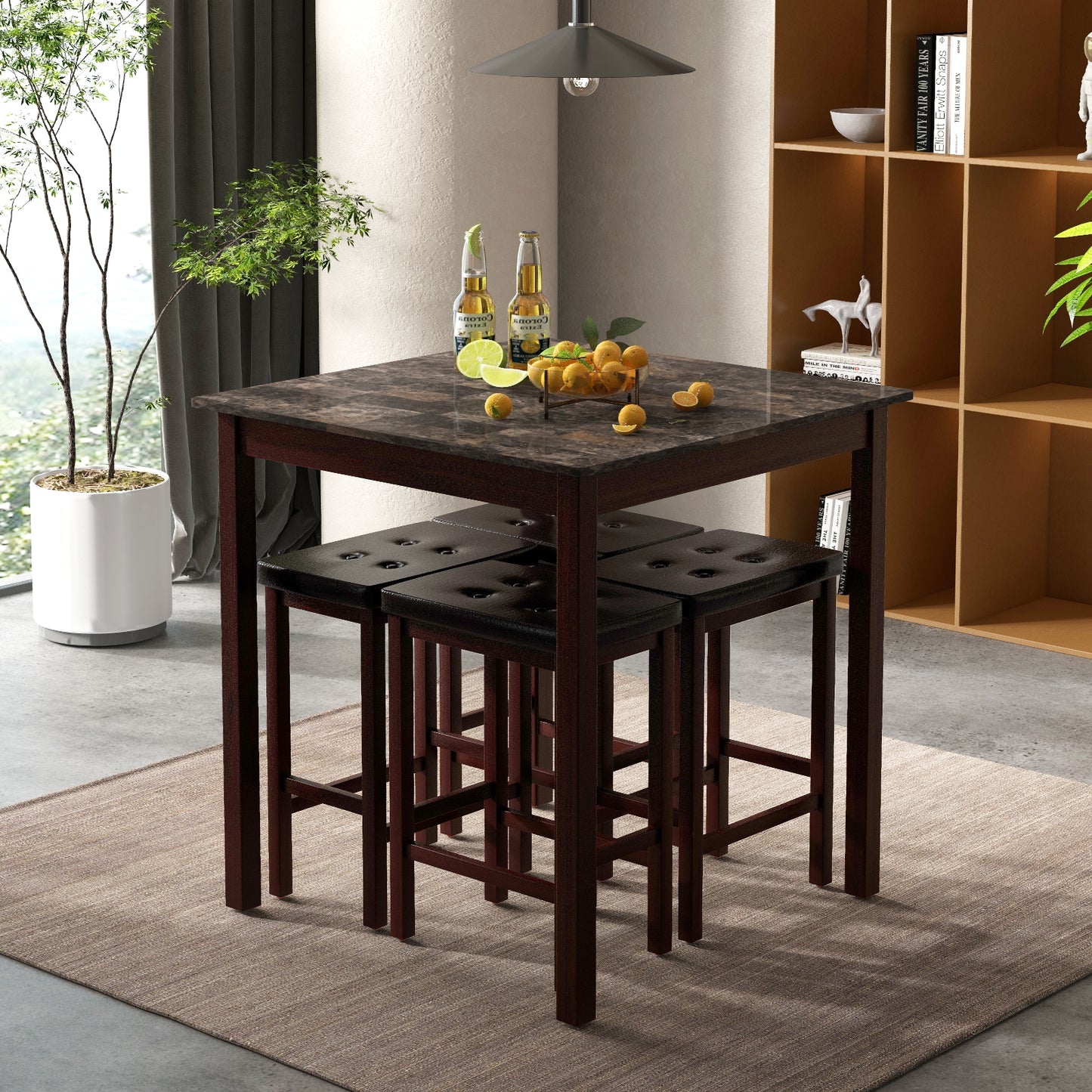 5-Piece Counter Height Bar Dining Set with 4 Upholstered Stools in Brown