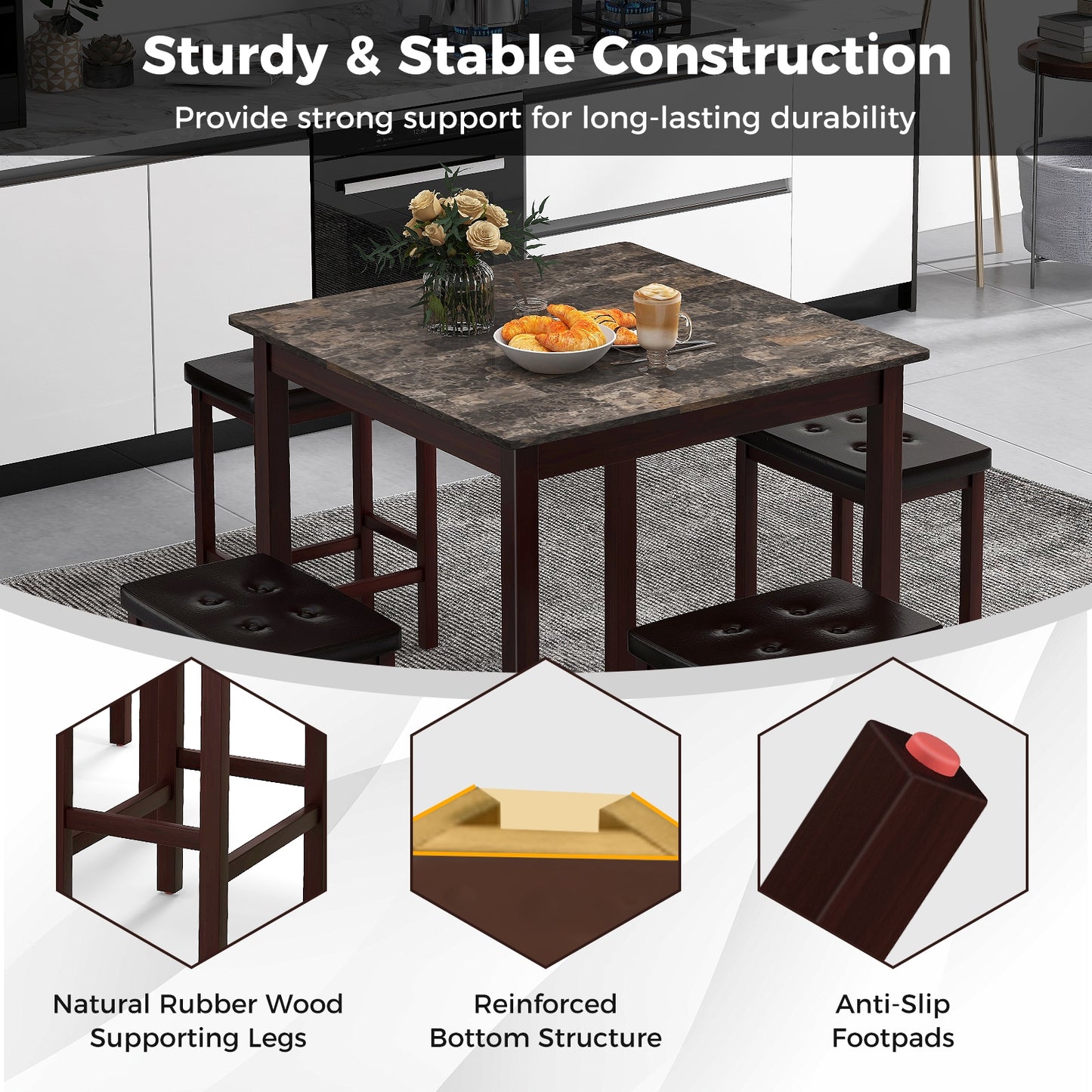 5-Piece Counter Height Bar Dining Set with 4 Upholstered Stools in Brown