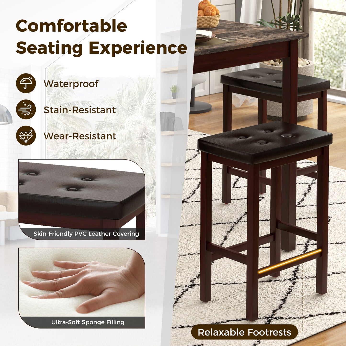 5-Piece Counter Height Bar Dining Set with 4 Upholstered Stools in Brown