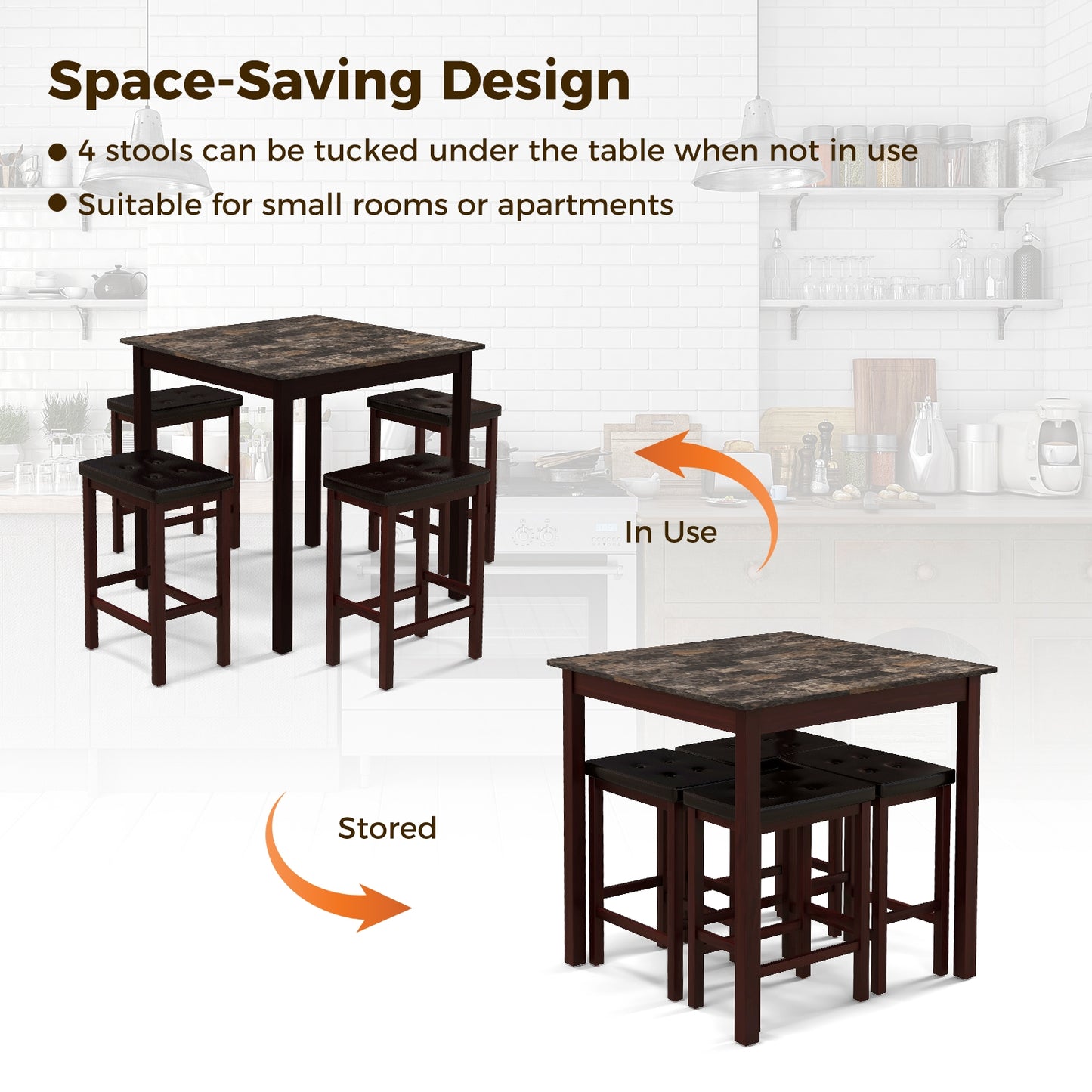 5-Piece Counter Height Bar Dining Set with 4 Upholstered Stools in Brown