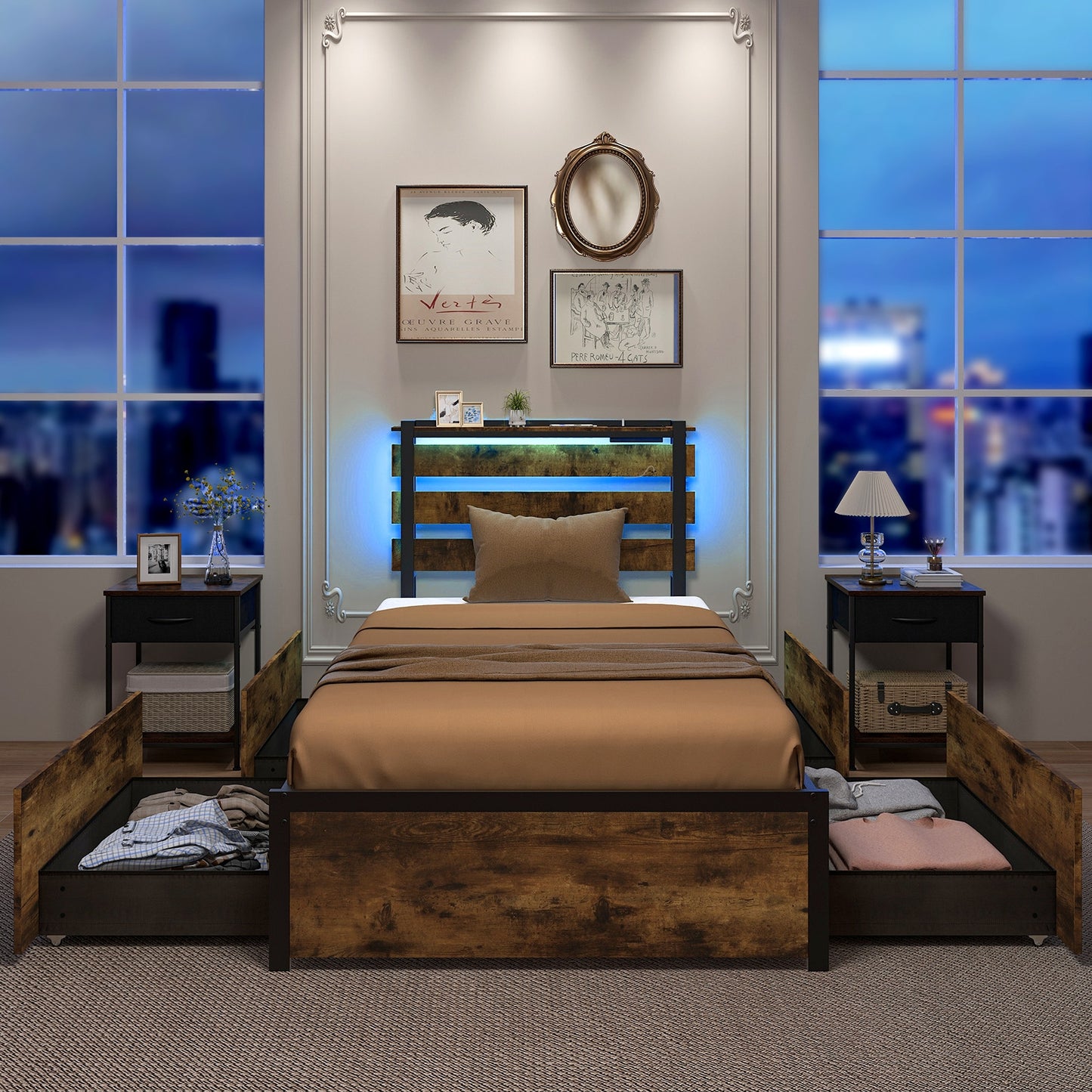 Rustic Brown Bed Frame with LED Lights, USB Ports, and Rolling Storage Drawers - Twin Size
