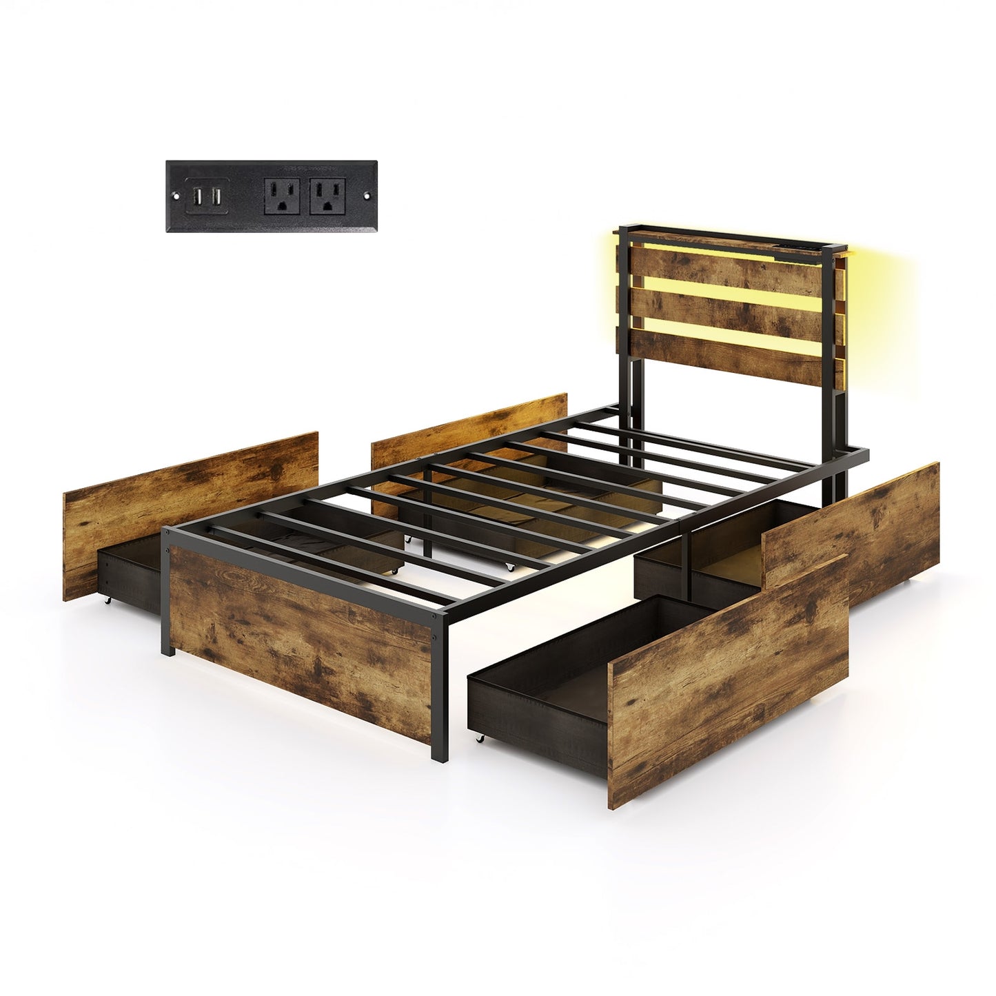 Rustic Brown Bed Frame with LED Lights, USB Ports, and Rolling Storage Drawers - Twin Size