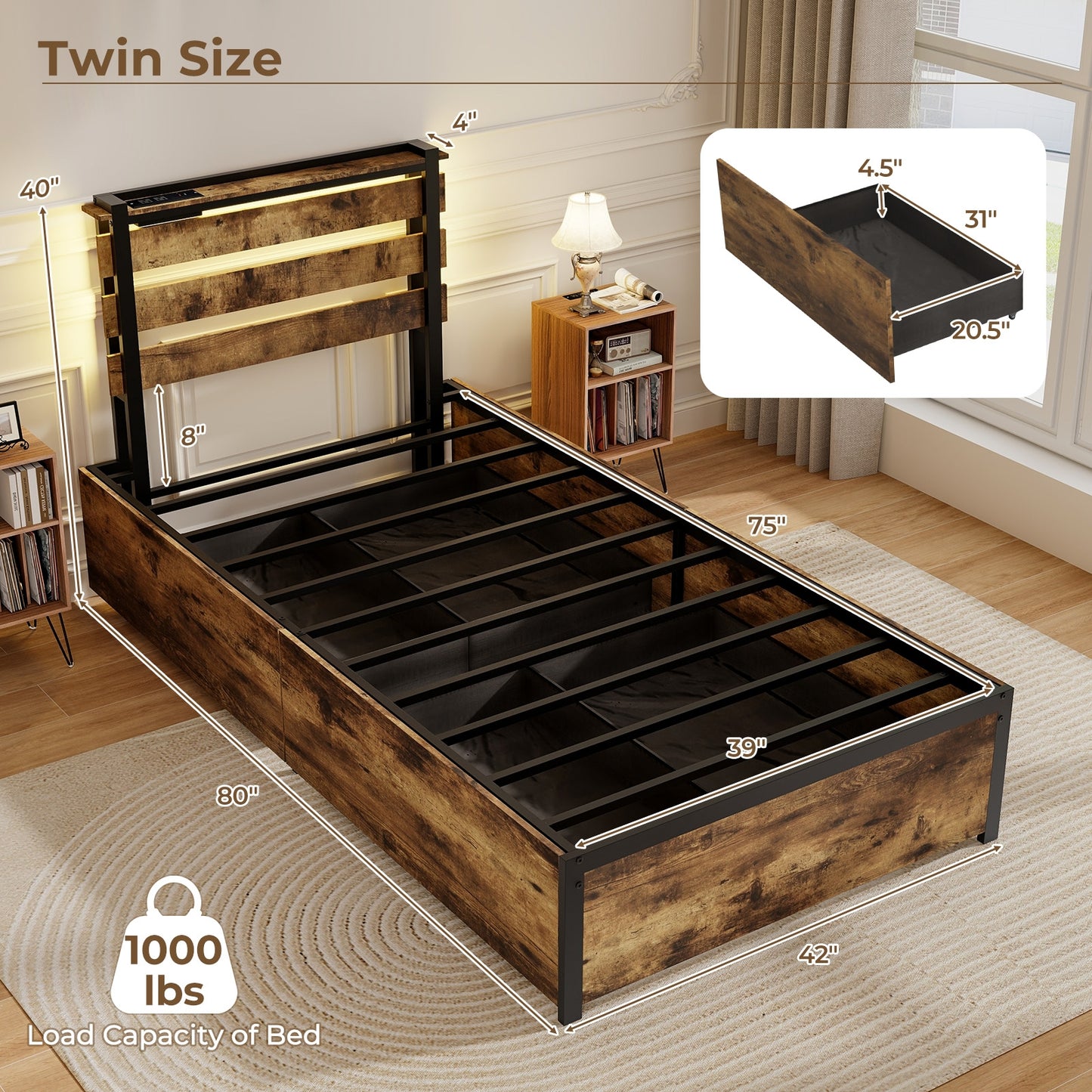 Rustic Brown Bed Frame with LED Lights, USB Ports, and Rolling Storage Drawers - Twin Size