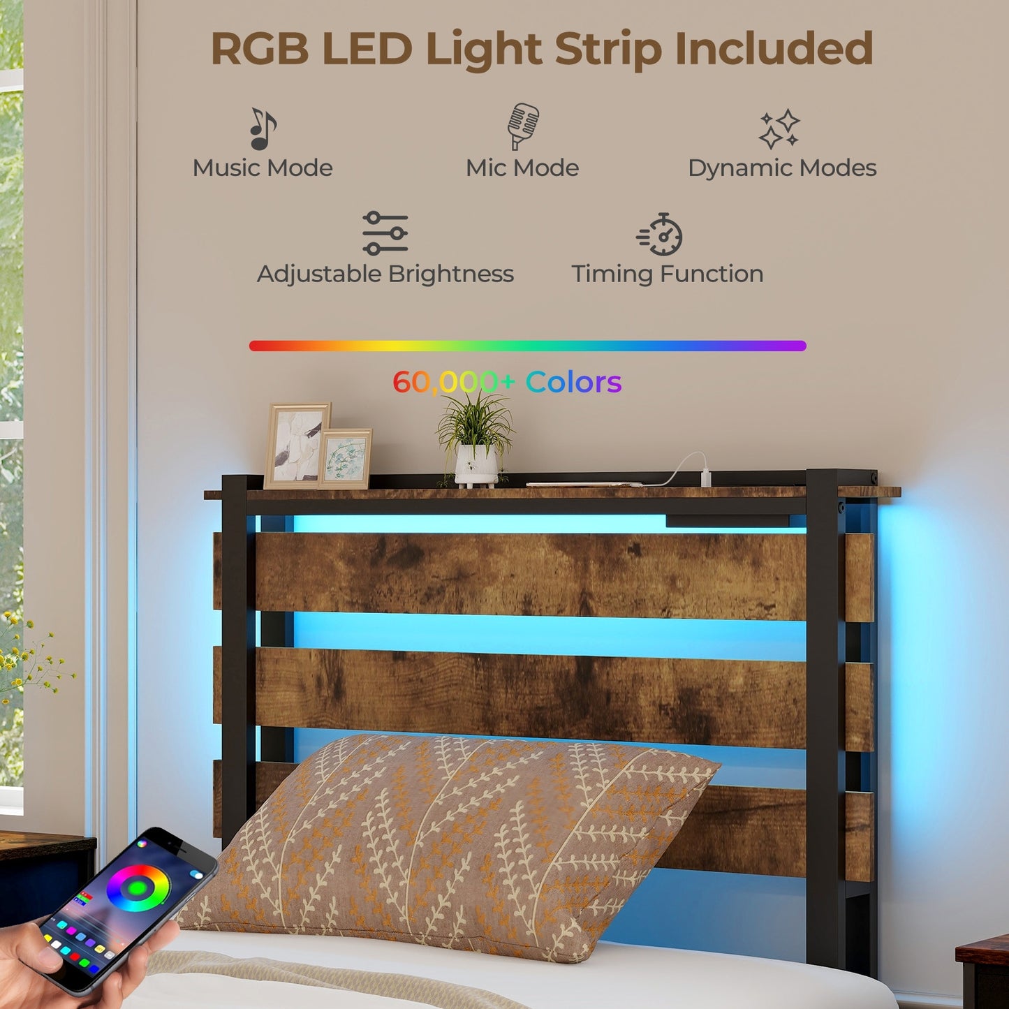 Rustic Brown Bed Frame with LED Lights, USB Ports, and Rolling Storage Drawers - Twin Size