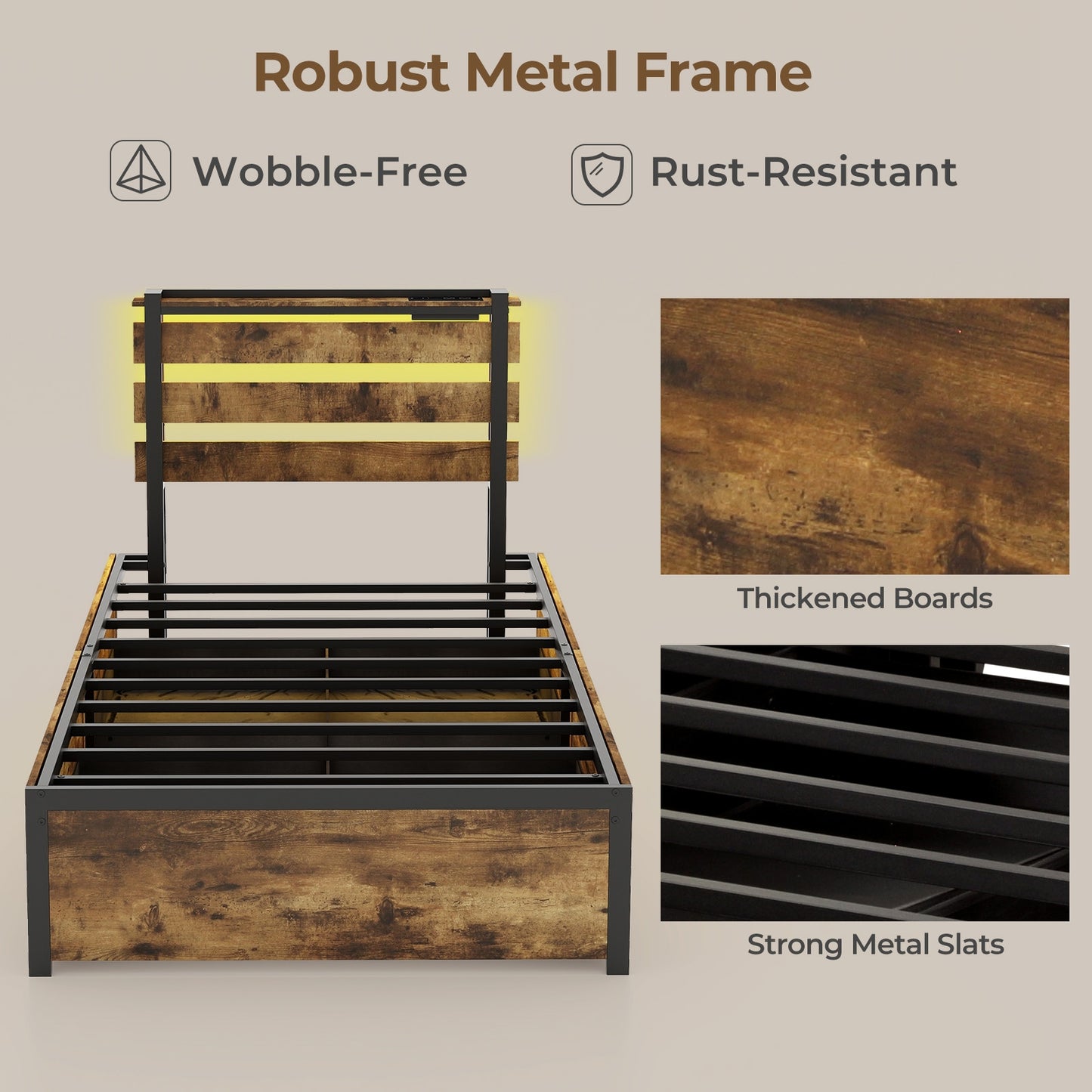 Rustic Brown Bed Frame with LED Lights, USB Ports, and Rolling Storage Drawers - Twin Size