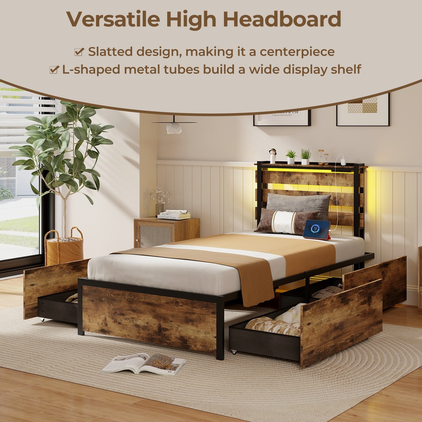 Rustic Brown Bed Frame with LED Lights, USB Ports, and Rolling Storage Drawers - Twin Size