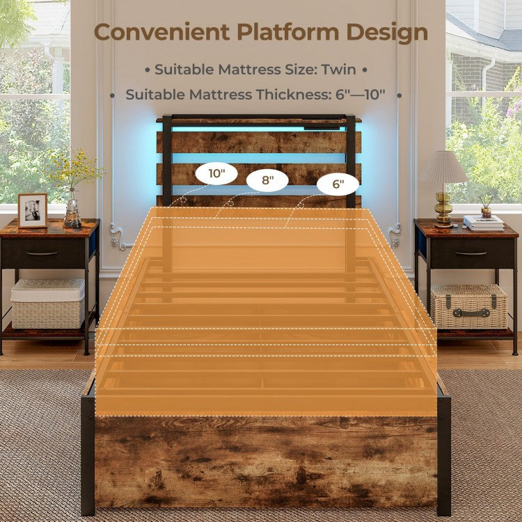 Rustic Brown Bed Frame with LED Lights, USB Ports, and Rolling Storage Drawers - Twin Size