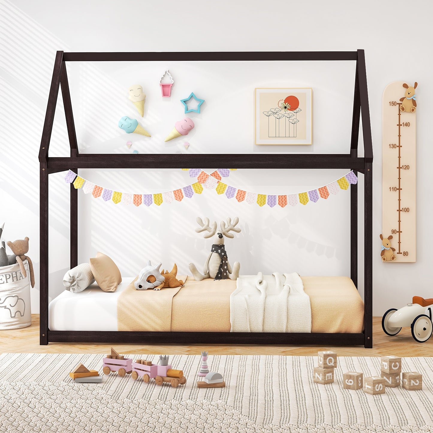 Durable Twin Platform Kids Bed with Roof and Heavy-Duty Slats – Espresso