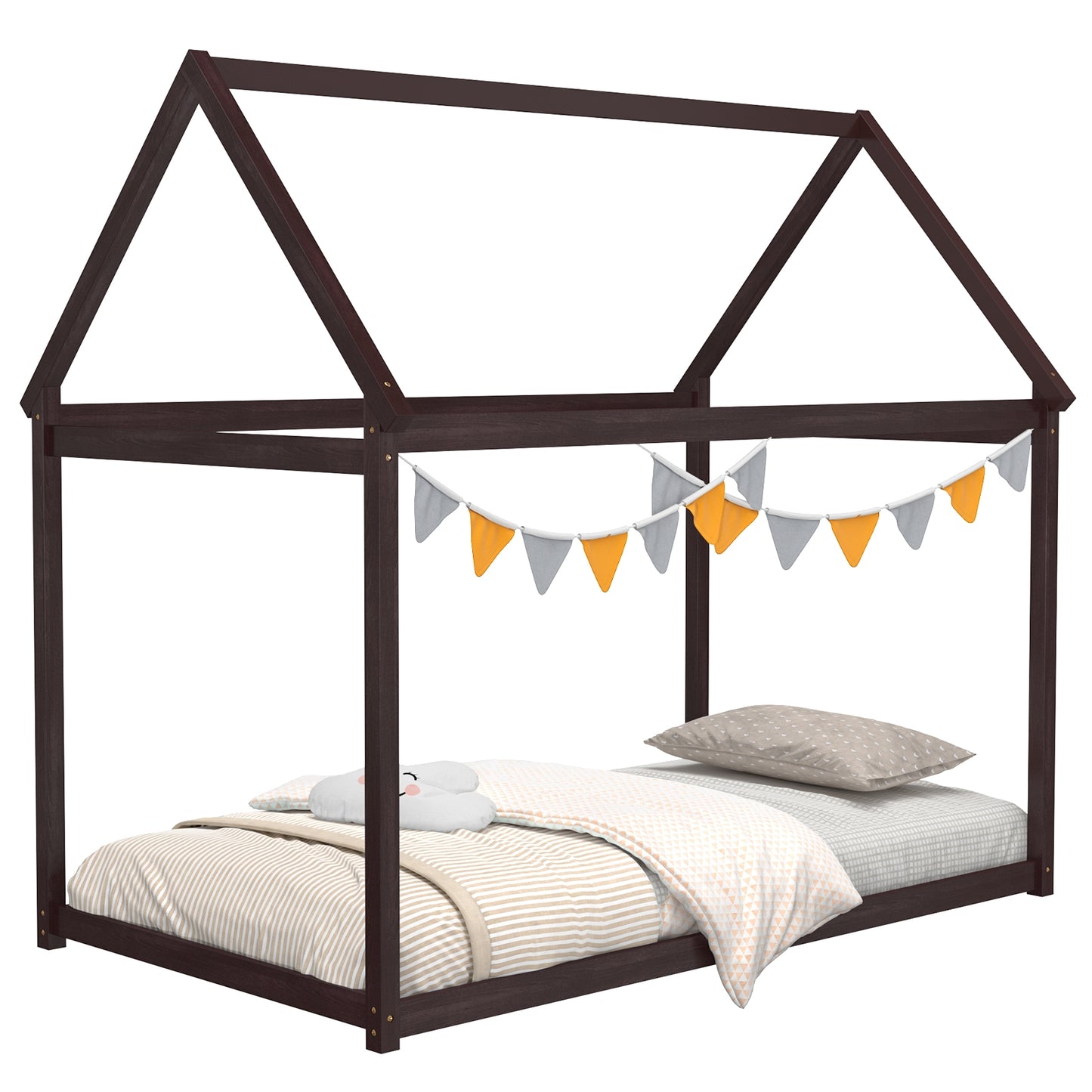 Durable Twin Platform Kids Bed with Roof and Heavy-Duty Slats – Espresso