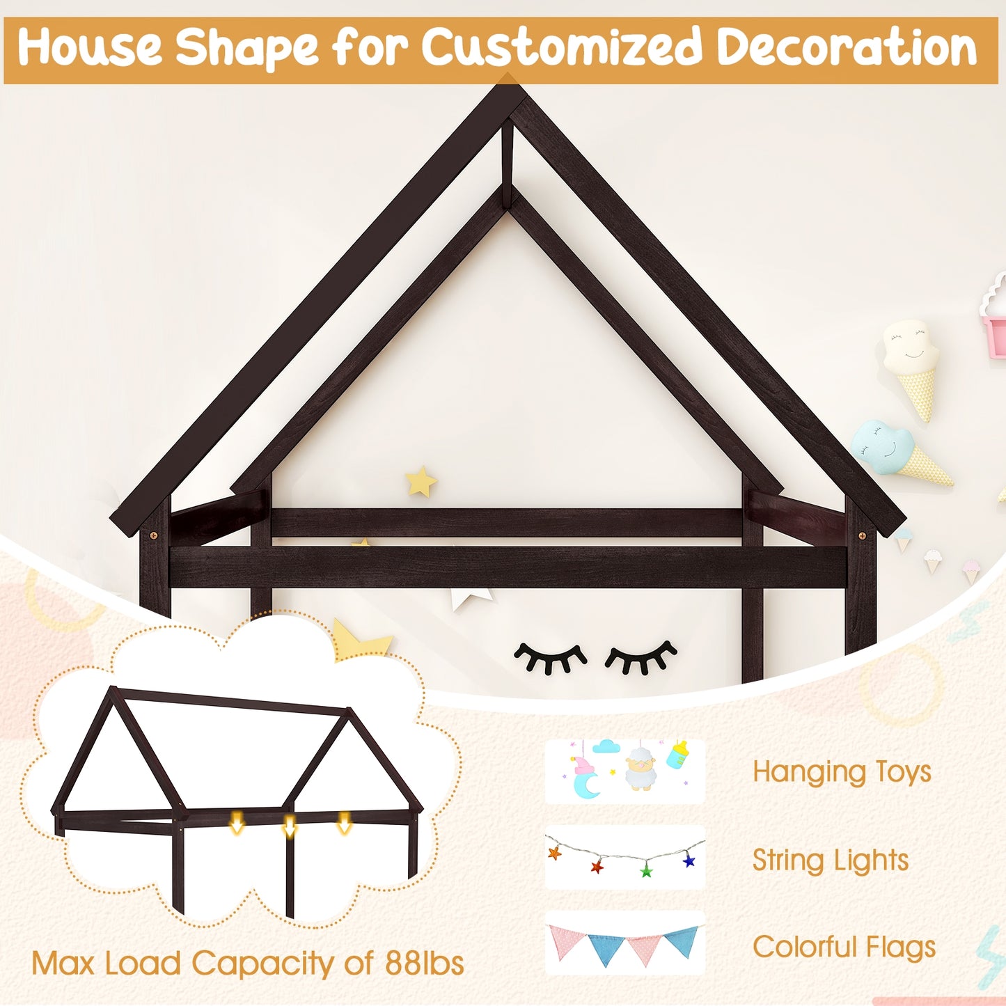 Durable Twin Platform Kids Bed with Roof and Heavy-Duty Slats – Espresso