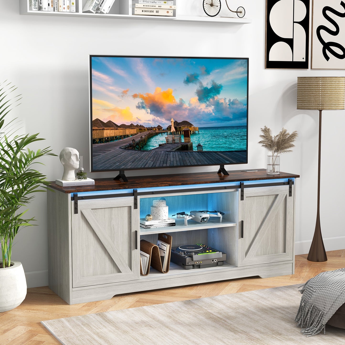 TV Console Table with LED Lights and Sliding Barn Doors for TVs up to 65 Inches – Grey