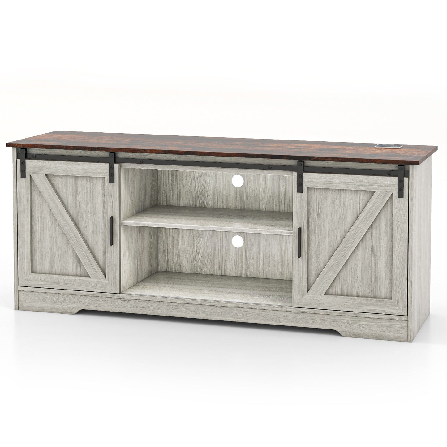 TV Console Table with LED Lights and Sliding Barn Doors for TVs up to 65 Inches – Grey