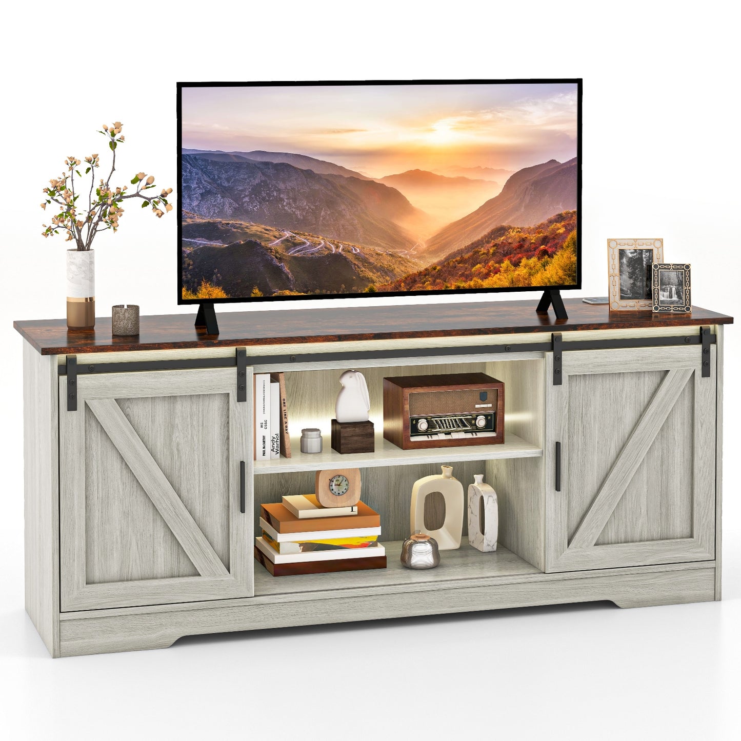TV Console Table with LED Lights and Sliding Barn Doors for TVs up to 65 Inches – Grey