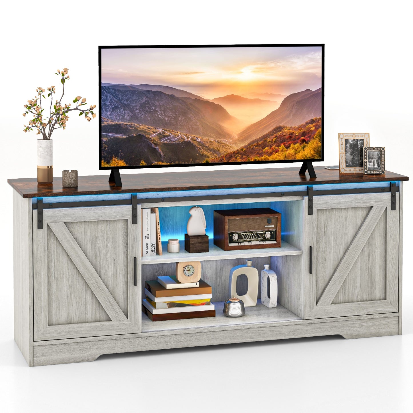 TV Console Table with LED Lights and Sliding Barn Doors for TVs up to 65 Inches – Grey