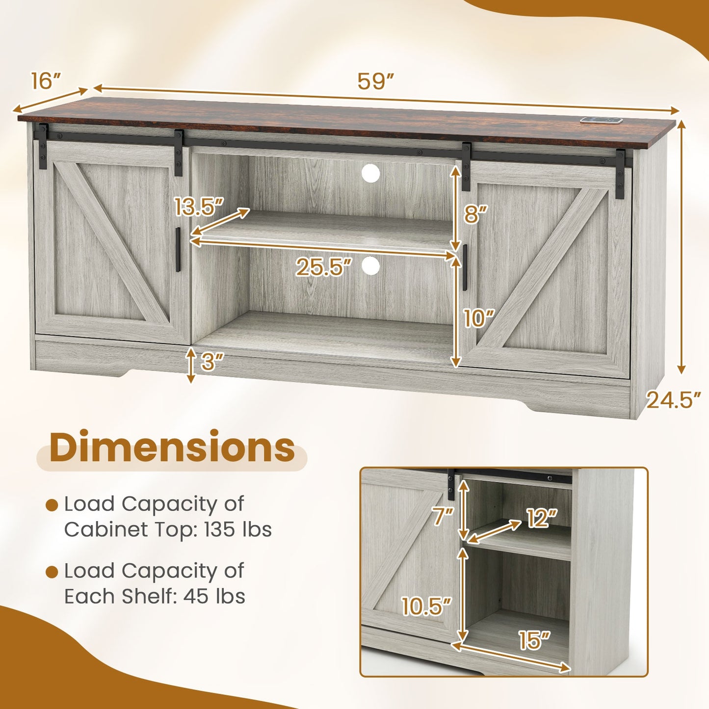TV Console Table with LED Lights and Sliding Barn Doors for TVs up to 65 Inches – Grey