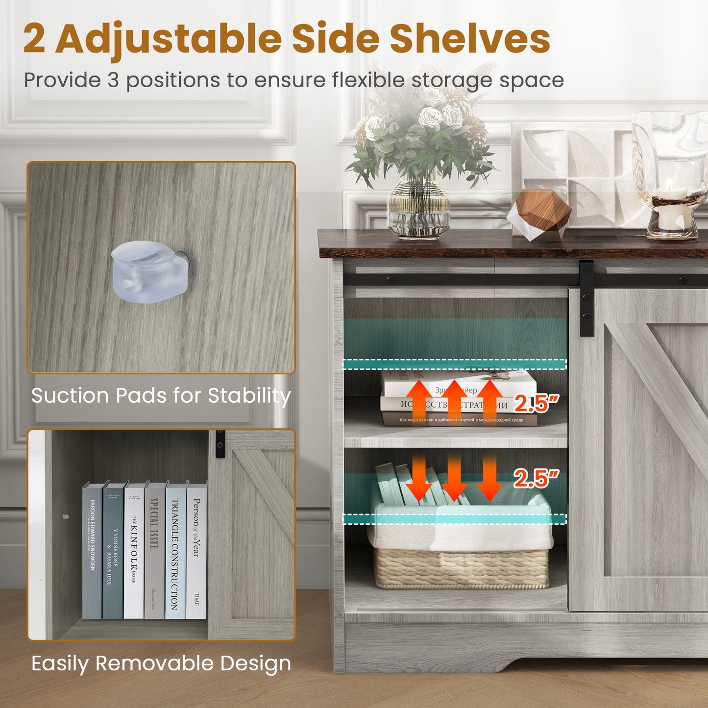 TV Console Table with LED Lights and Sliding Barn Doors for TVs up to 65 Inches – Grey