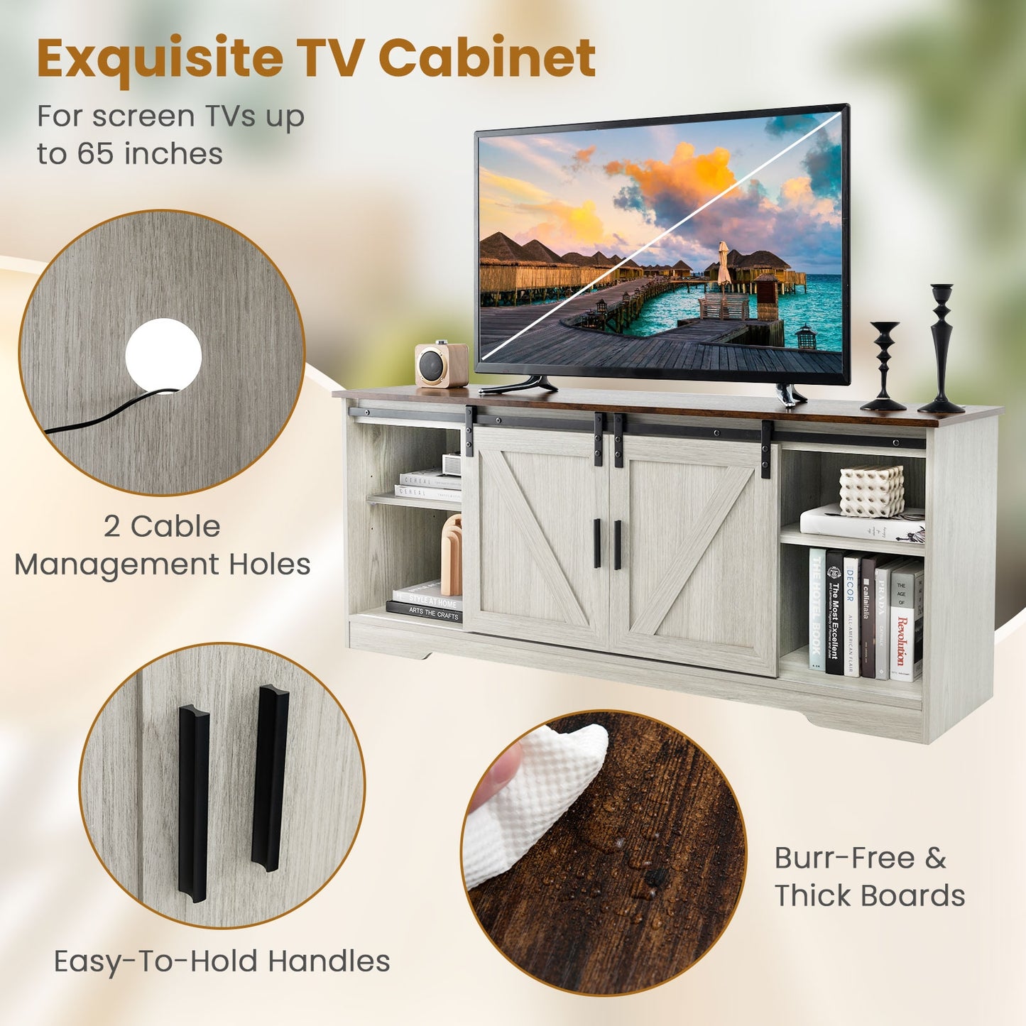 TV Console Table with LED Lights and Sliding Barn Doors for TVs up to 65 Inches – Grey