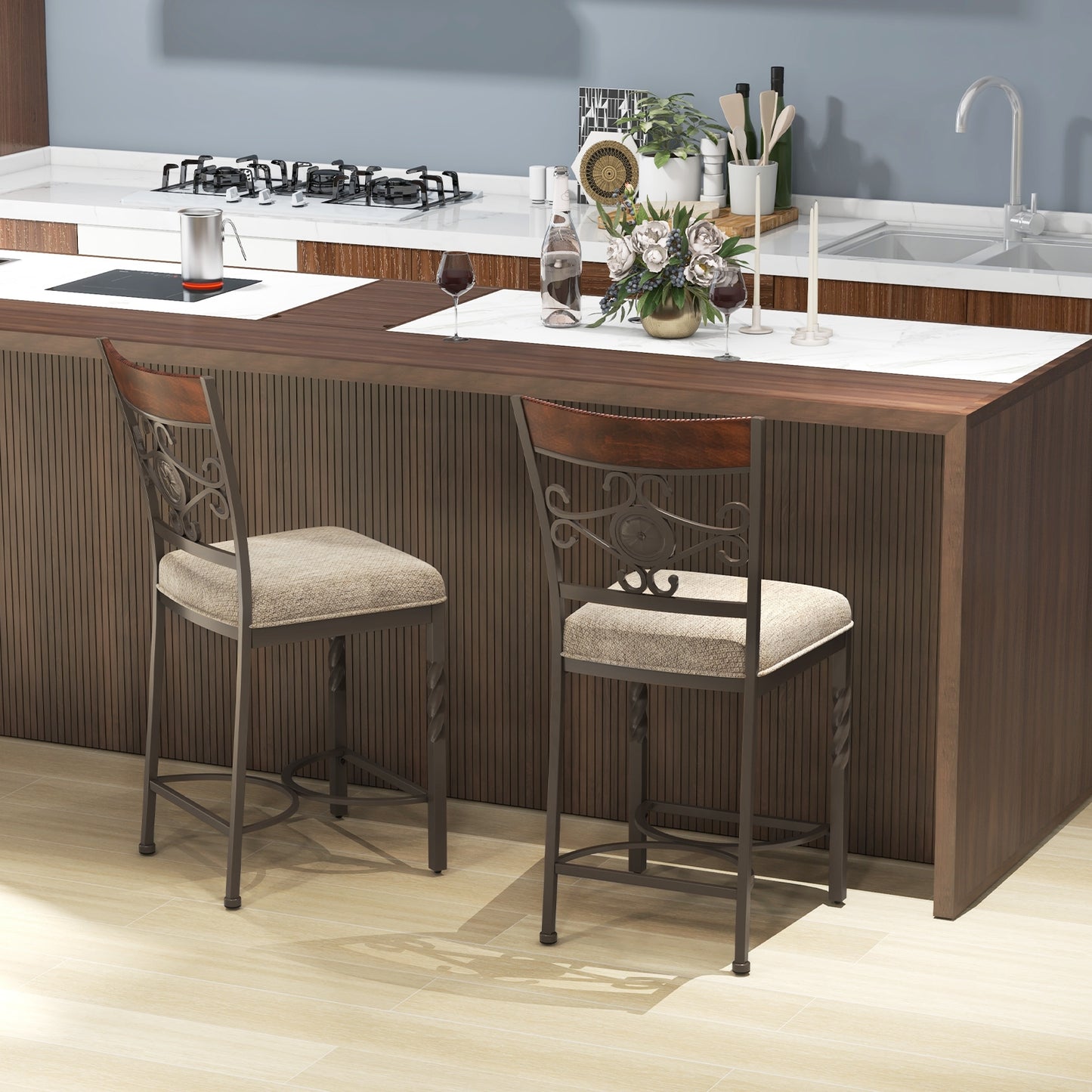 Comfortable 25 Inch Bar Stools with Soft Sponge Seat and Ergonomic Back, Set of 2
