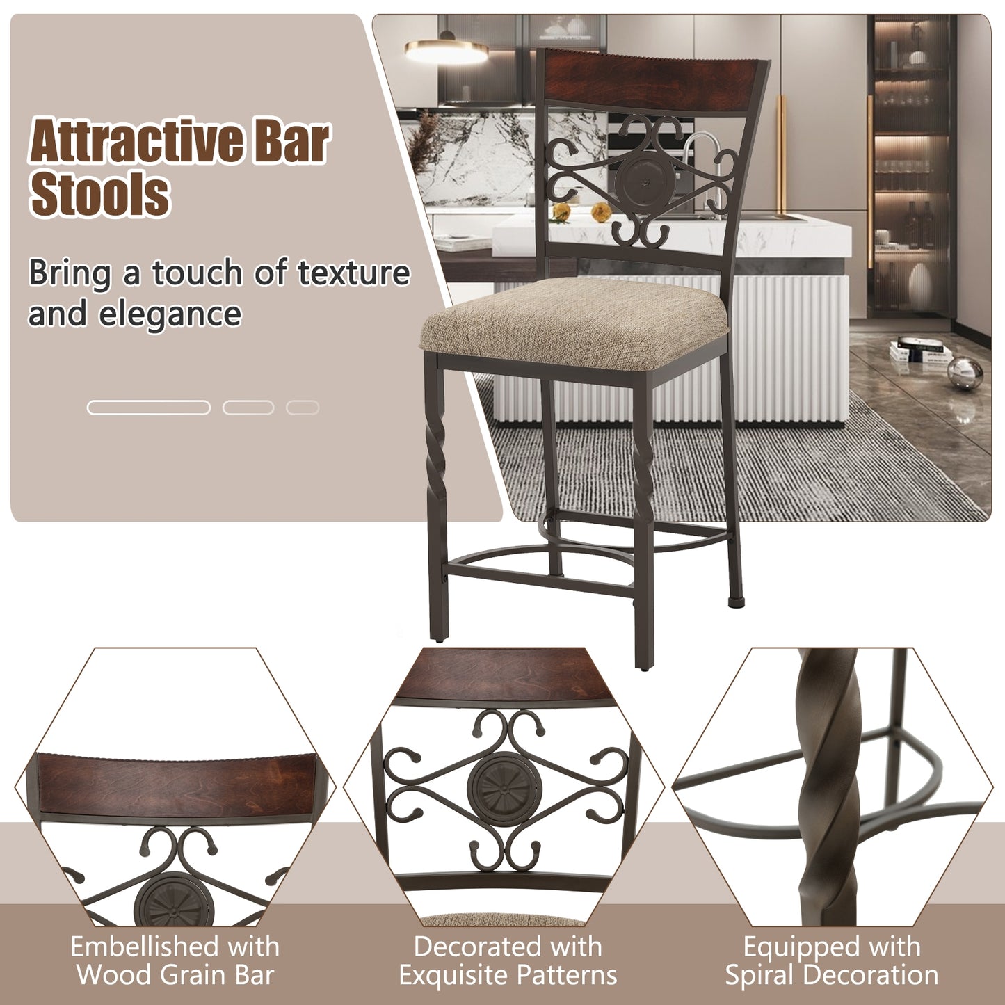 Comfortable 25 Inch Bar Stools with Soft Sponge Seat and Ergonomic Back, Set of 2