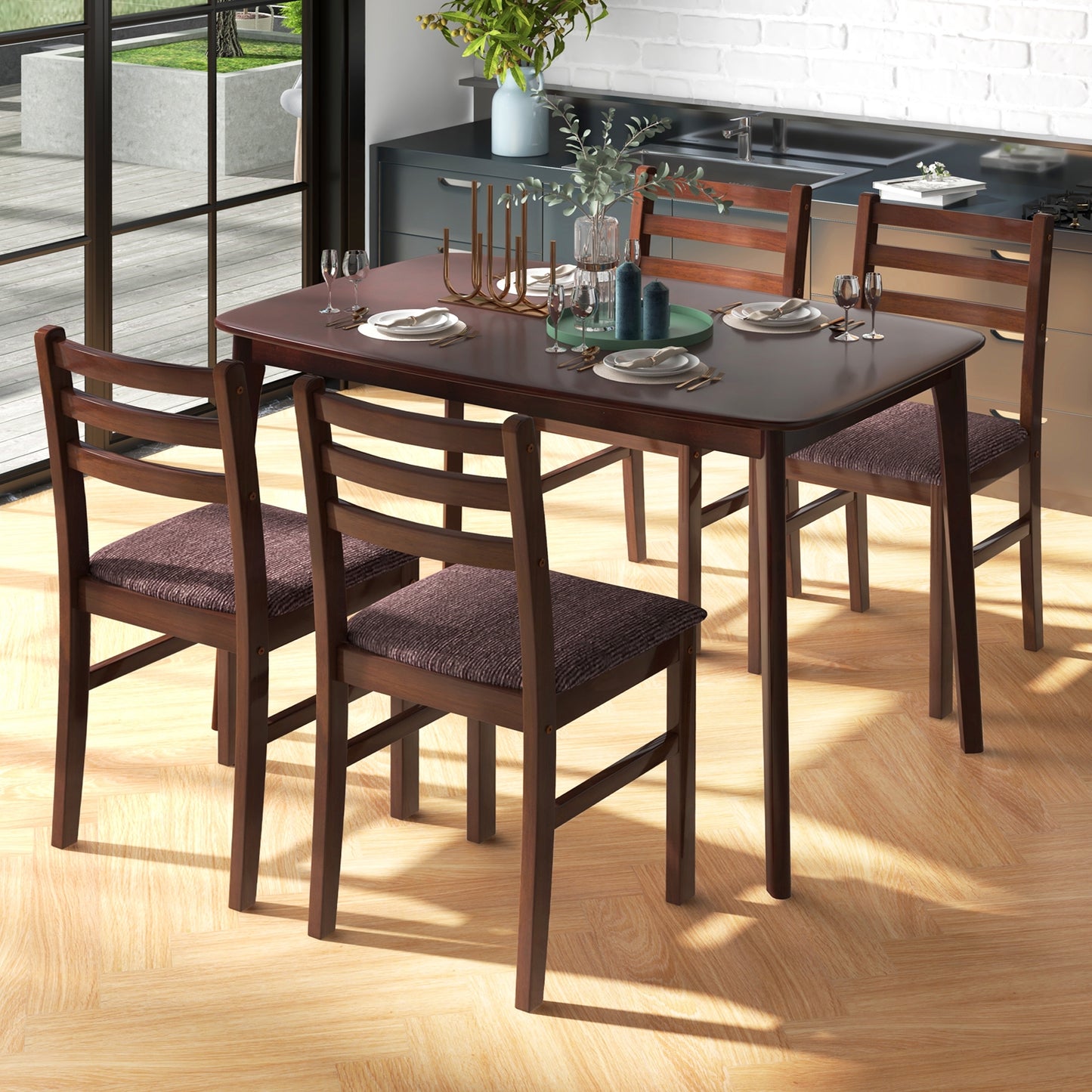 Classic Vintage Wooden Dining Set for 4 with Cushioned Seats and Ergonomic Curved Back Chairs