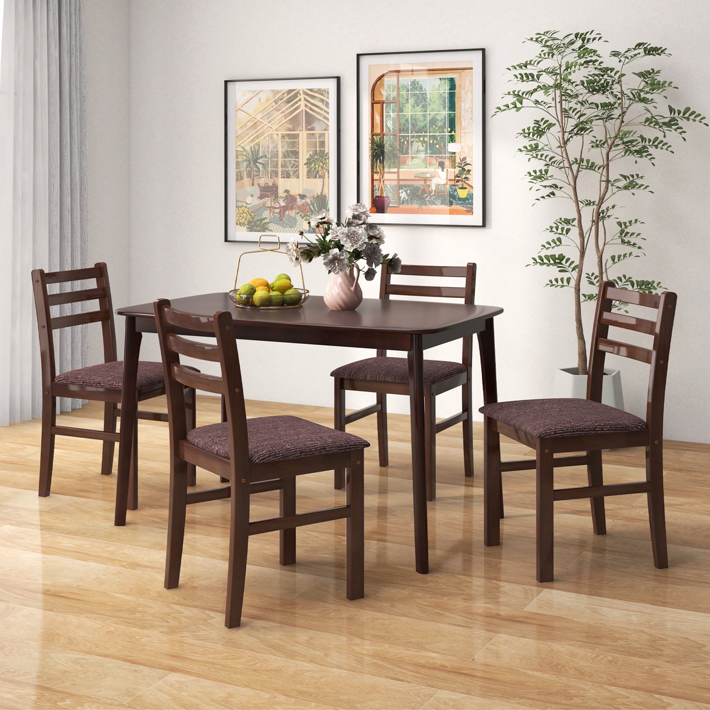 Classic Vintage Wooden Dining Set for 4 with Cushioned Seats and Ergonomic Curved Back Chairs