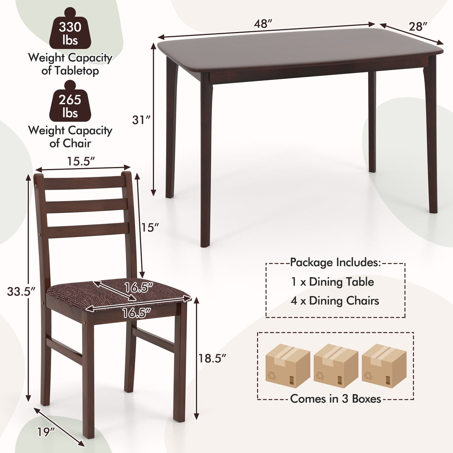 Classic Vintage Wooden Dining Set for 4 with Cushioned Seats and Ergonomic Curved Back Chairs