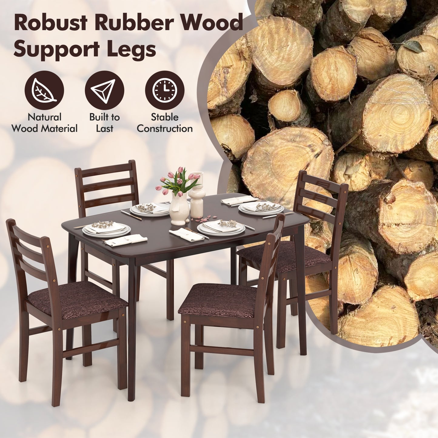 Classic Vintage Wooden Dining Set for 4 with Cushioned Seats and Ergonomic Curved Back Chairs