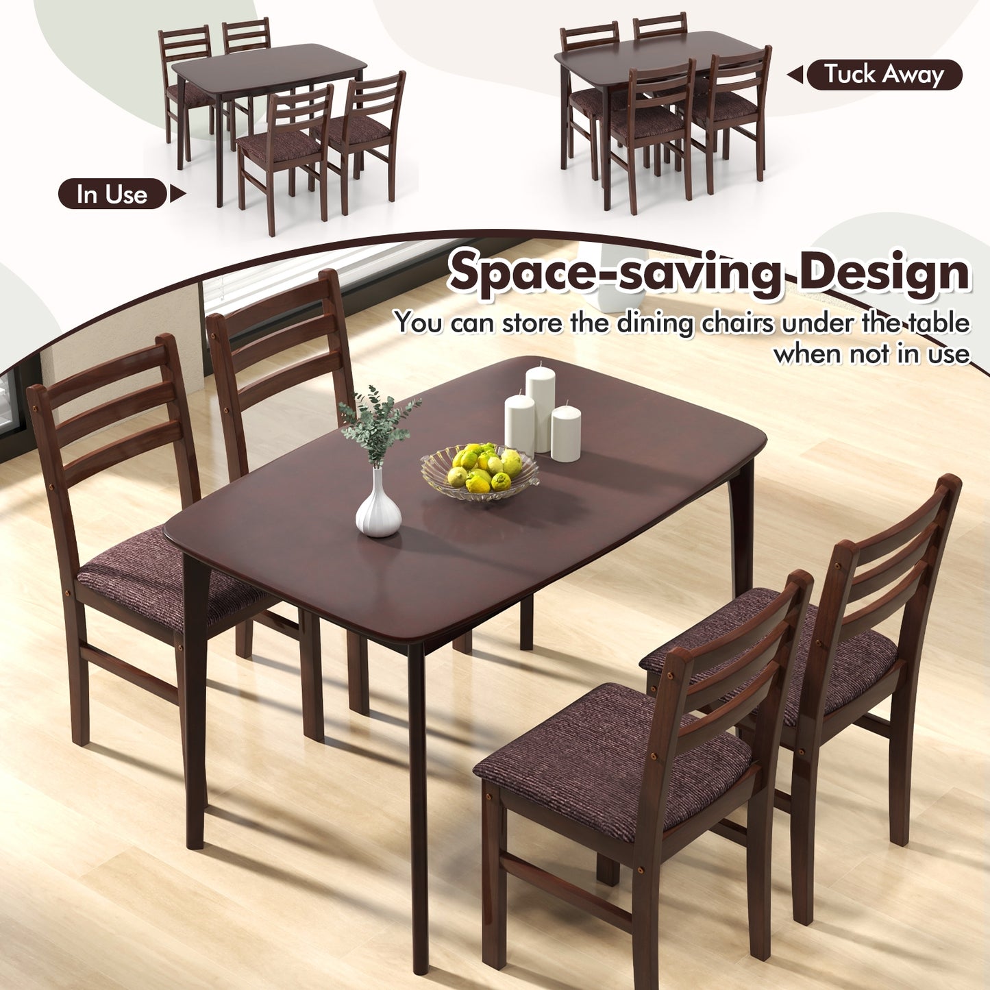 Classic Vintage Wooden Dining Set for 4 with Cushioned Seats and Ergonomic Curved Back Chairs