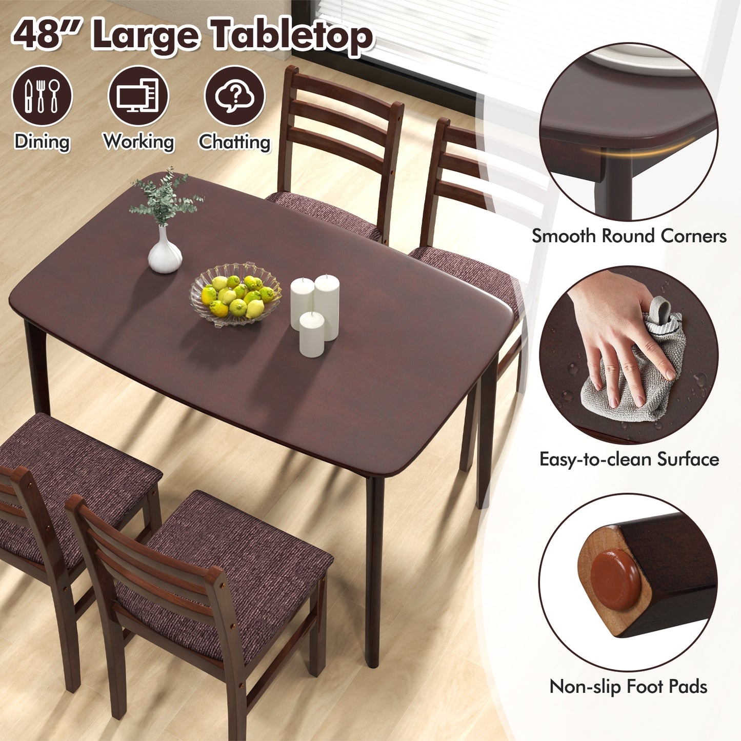 Classic Vintage Wooden Dining Set for 4 with Cushioned Seats and Ergonomic Curved Back Chairs