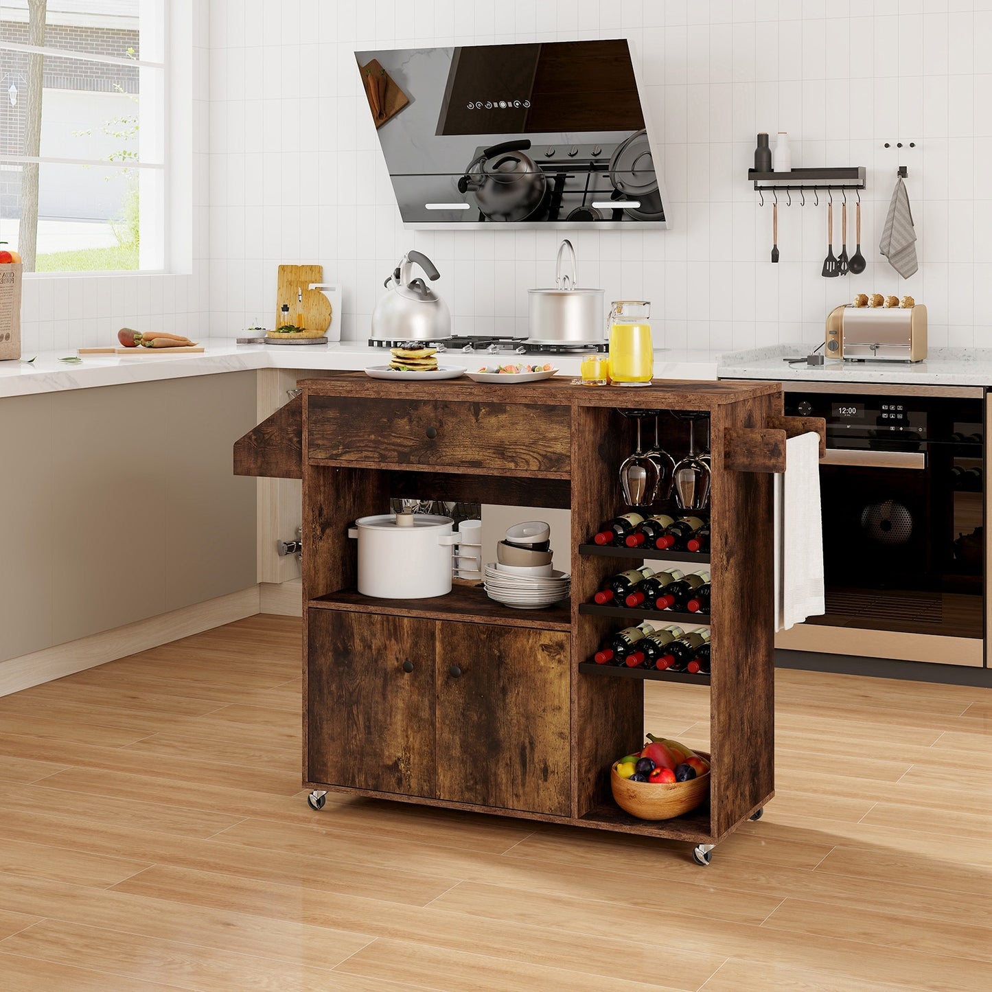 Rolling Drop Leaf Kitchen Island with Power Outlets Adjustable Shelf Wine Rack and Storage Drawer - Rustic Brown