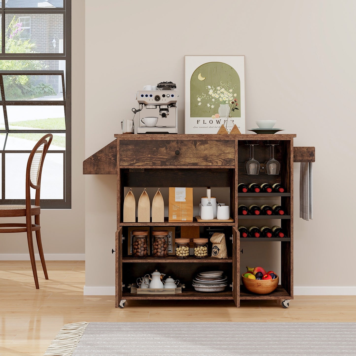 Rolling Drop Leaf Kitchen Island with Power Outlets Adjustable Shelf Wine Rack and Storage Drawer - Rustic Brown
