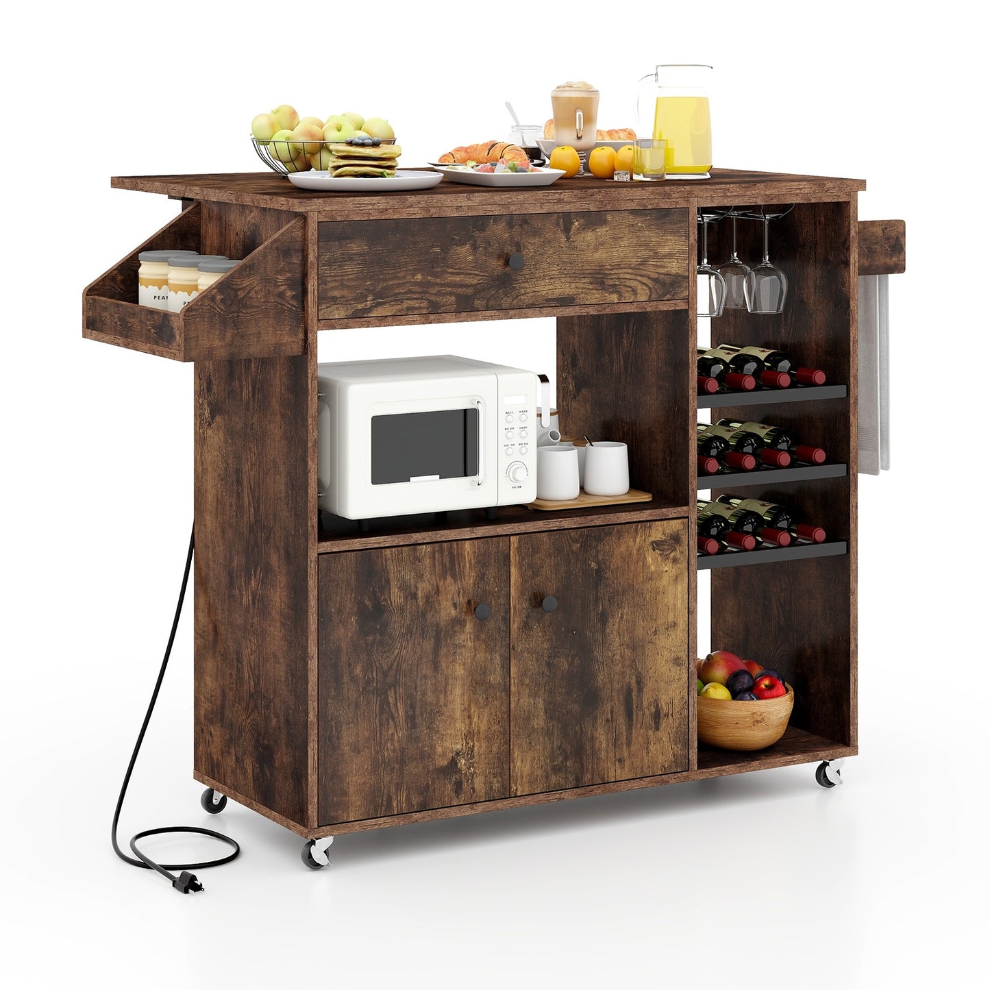 Rolling Drop Leaf Kitchen Island with Power Outlets Adjustable Shelf Wine Rack and Storage Drawer - Rustic Brown