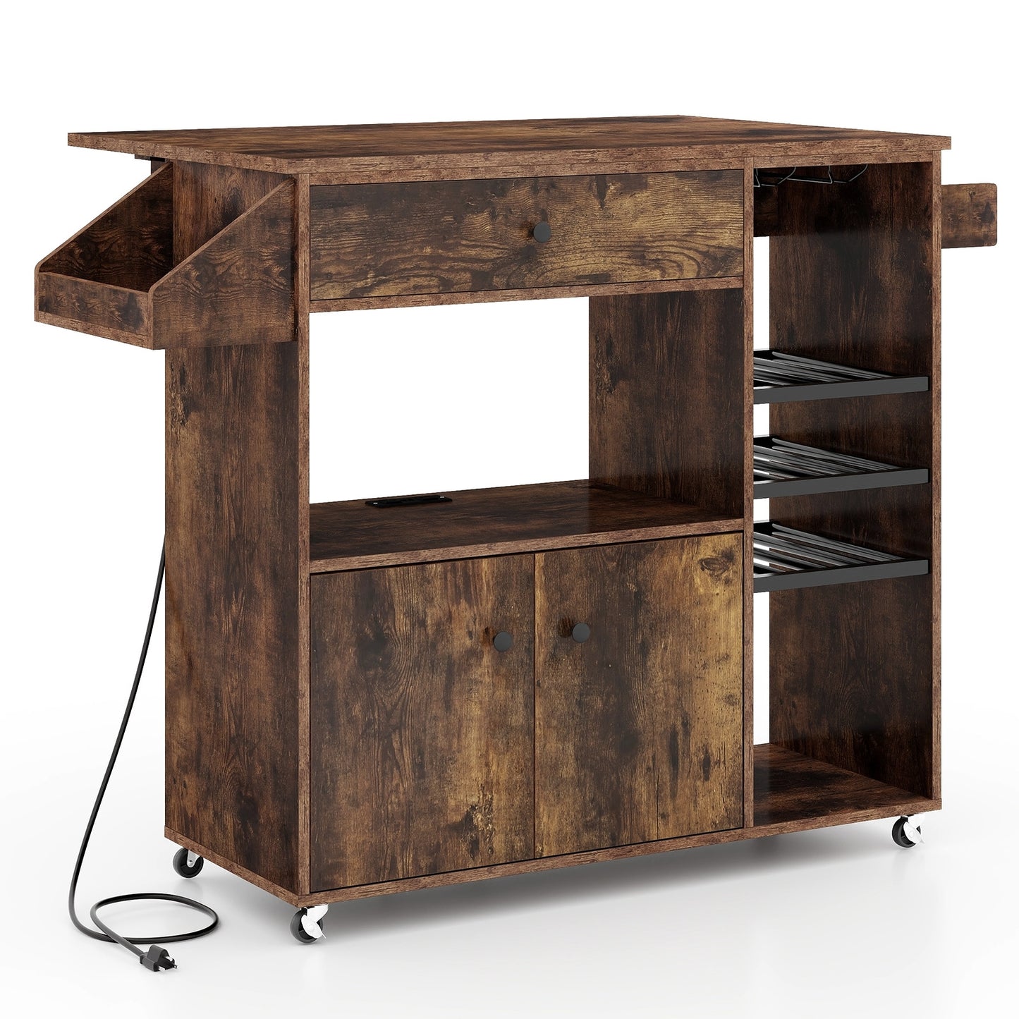Rolling Drop Leaf Kitchen Island with Power Outlets Adjustable Shelf Wine Rack and Storage Drawer - Rustic Brown