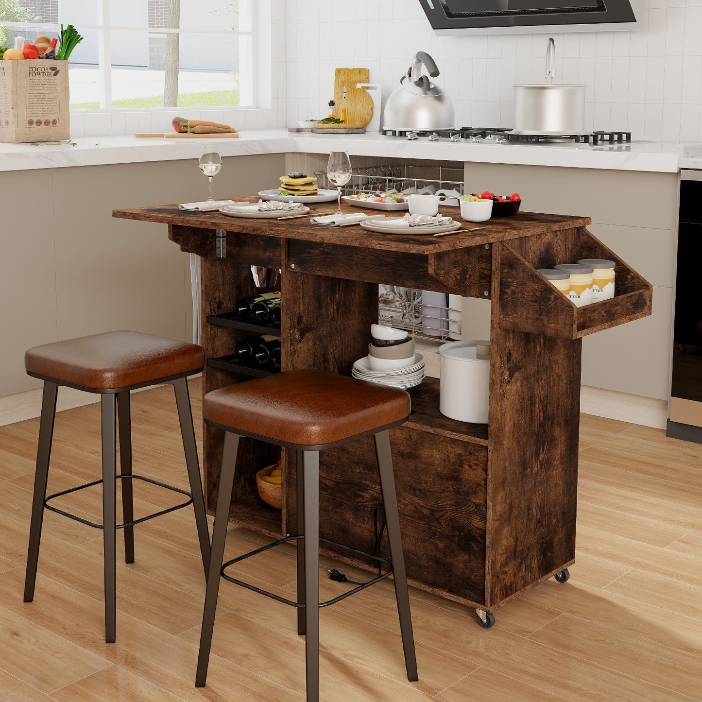 Rolling Drop Leaf Kitchen Island with Power Outlets Adjustable Shelf Wine Rack and Storage Drawer - Rustic Brown