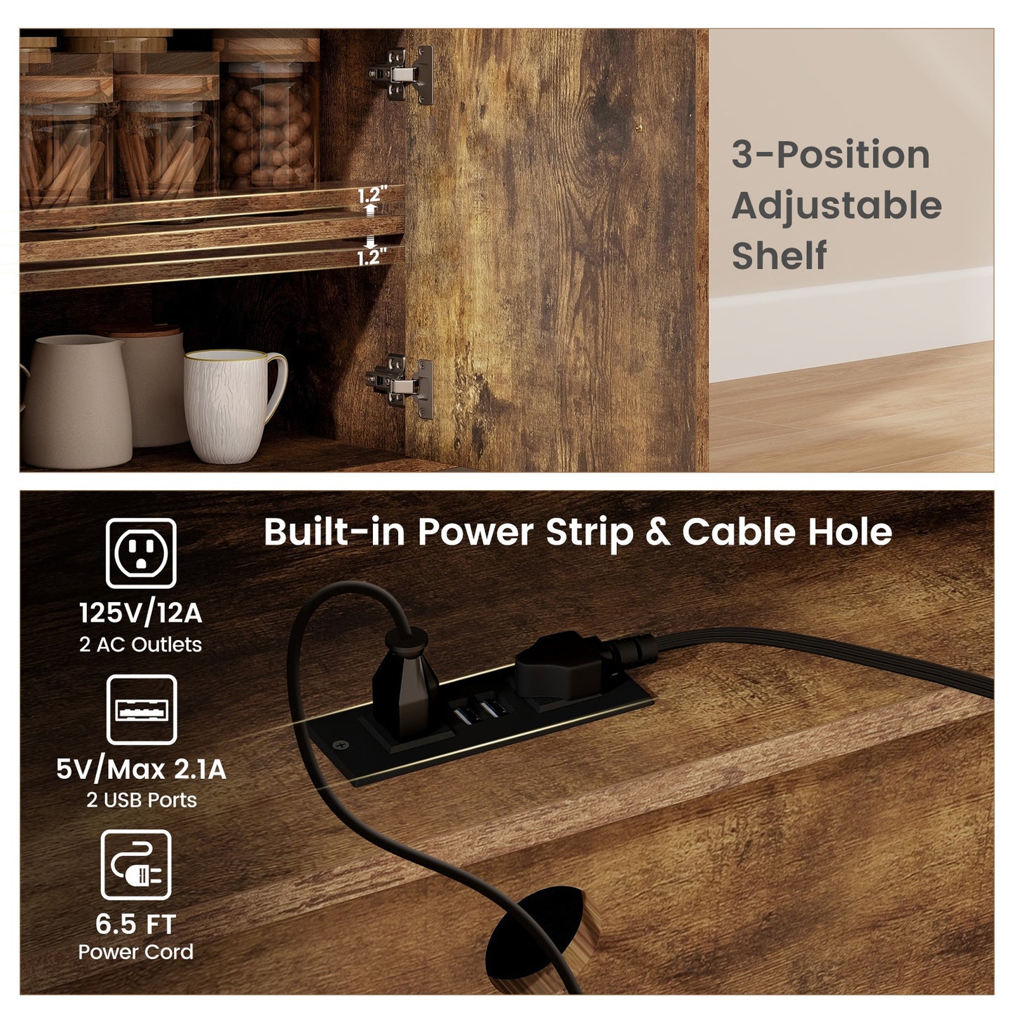 Rolling Drop Leaf Kitchen Island with Power Outlets Adjustable Shelf Wine Rack and Storage Drawer - Rustic Brown