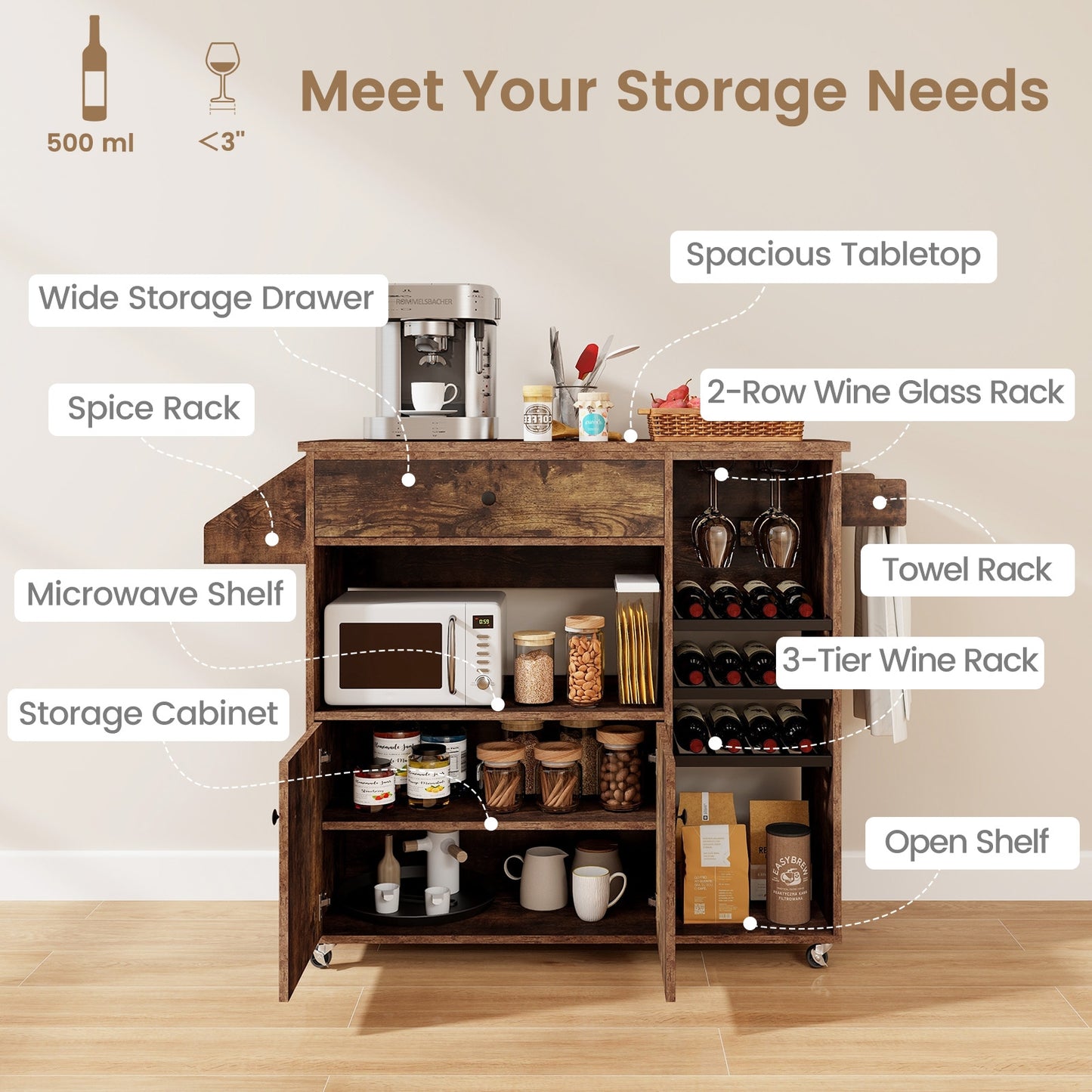 Rolling Drop Leaf Kitchen Island with Power Outlets Adjustable Shelf Wine Rack and Storage Drawer - Rustic Brown