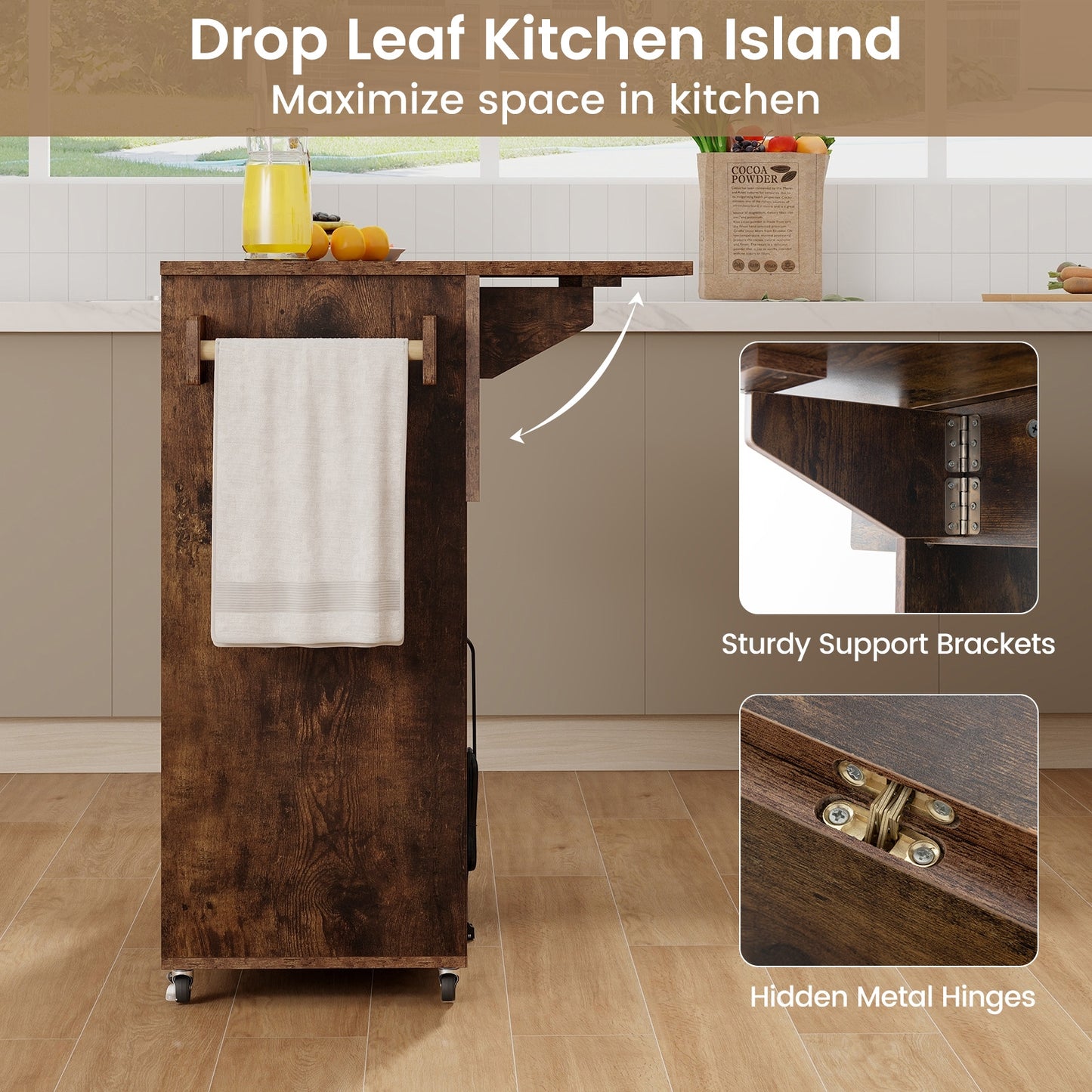 Rolling Drop Leaf Kitchen Island with Power Outlets Adjustable Shelf Wine Rack and Storage Drawer - Rustic Brown